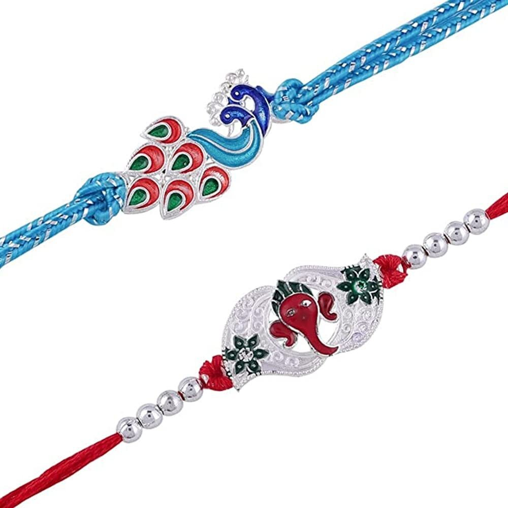 CraftVatika Silver Rakhi for brother Rakhi Combo Pack of 2 for Brother Bhaiya Bhabhi - Peacock Rakhi Ganesha Rakhi - Bhabi/Bhaiya/Gift