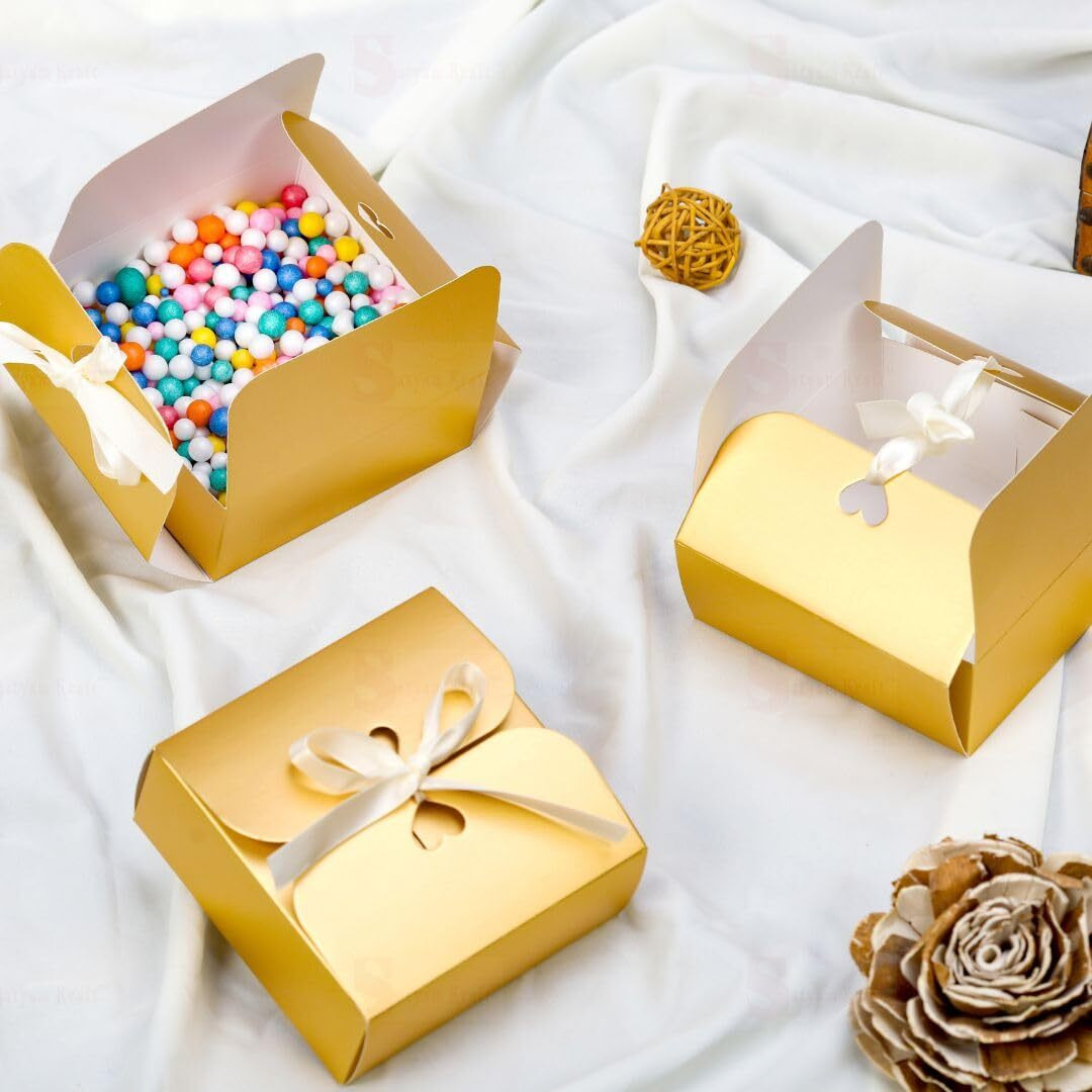 SATYAM KRAFT 12 Pcs Golden Decorative Paper Folding Storage Box for Wedding, Return Gift In Rakshabandhan, Rakhi box, Brother-sister Gift,New Year, Birthday, Gift Boxes With Ribbon, Perfect For Packing Chocolate,Dry Fruits