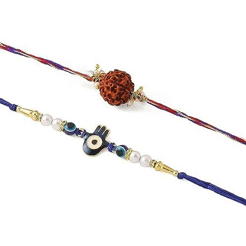CraftVatika Mens Evil Eye Rudraksh Rakhi Blue Beaded Hamsa Hand Bracelet for Protection and Blessing, Set of 2