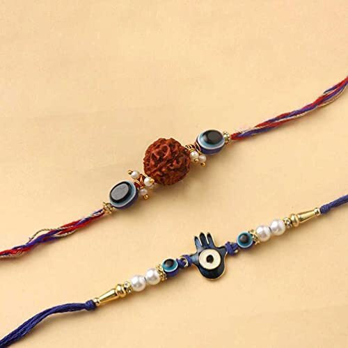 CraftVatika Mens Evil Eye Rudraksh Rakhi Blue Beaded Hamsa Hand Bracelet for Protection and Blessing, Set of 2