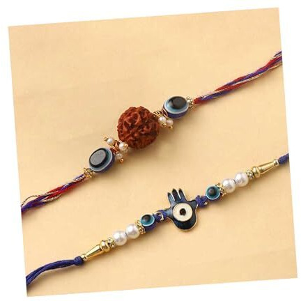 CraftVatika Mens Evil Eye Rudraksh Rakhi Blue Beaded Hamsa Hand Bracelet for Protection and Blessing, Set of 2