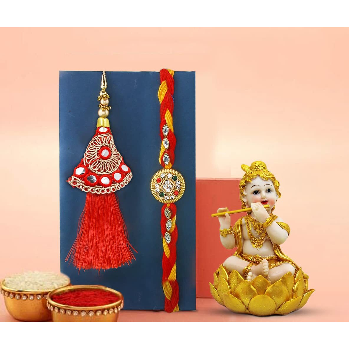 CraftVatika Lumba Rakhi with Laddu Gopal Showpiece Gift Combo Set of 1 for Brother and Bhabhi, Floral Lumba Rakhi Gift for Bhabhi Sister In Law with Krishna Showpiece, Bhaiya Bhabhi Rakhi Gift