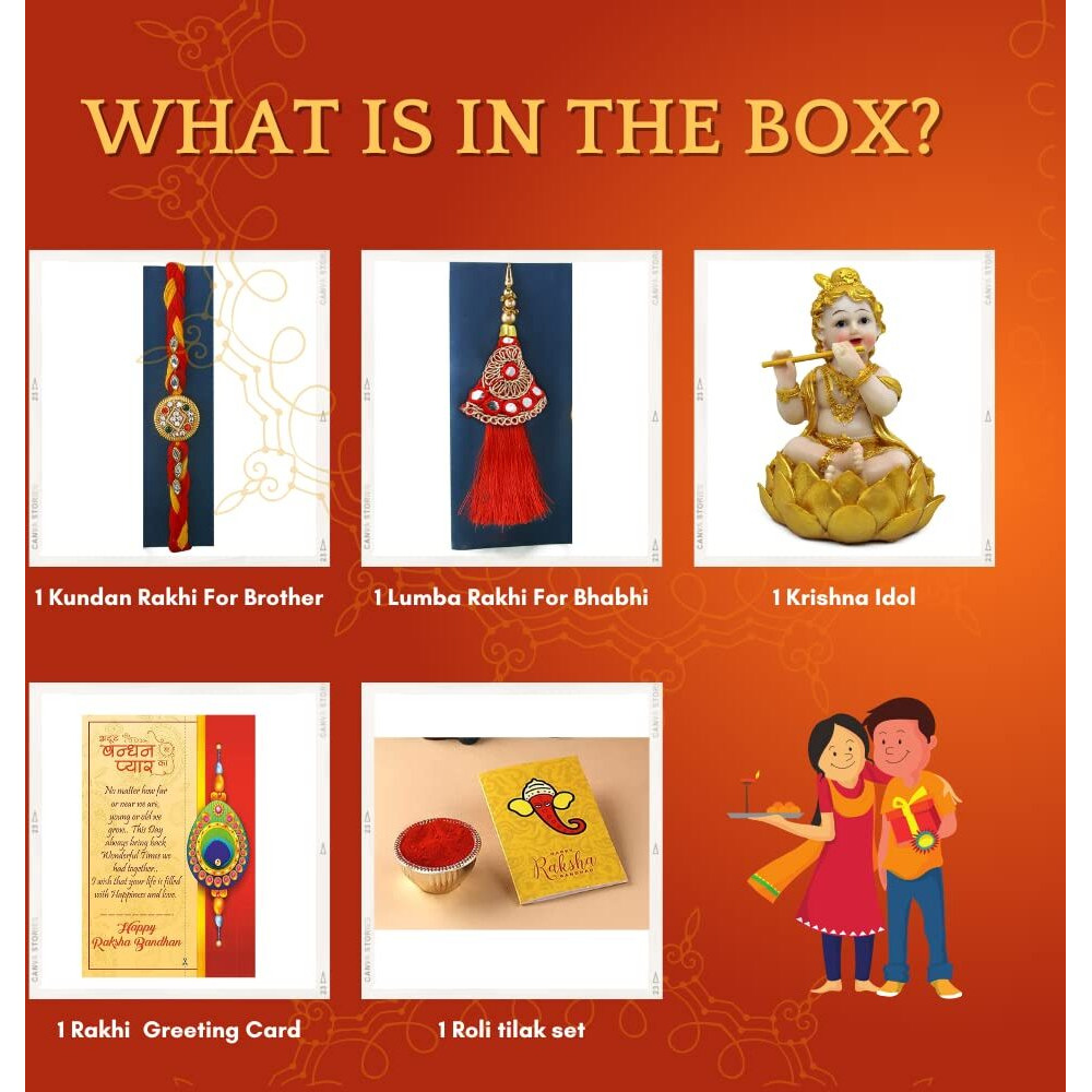 CraftVatika Lumba Rakhi with Laddu Gopal Showpiece Gift Combo Set of 1 for Brother and Bhabhi, Floral Lumba Rakhi Gift for Bhabhi Sister In Law with Krishna Showpiece, Bhaiya Bhabhi Rakhi Gift