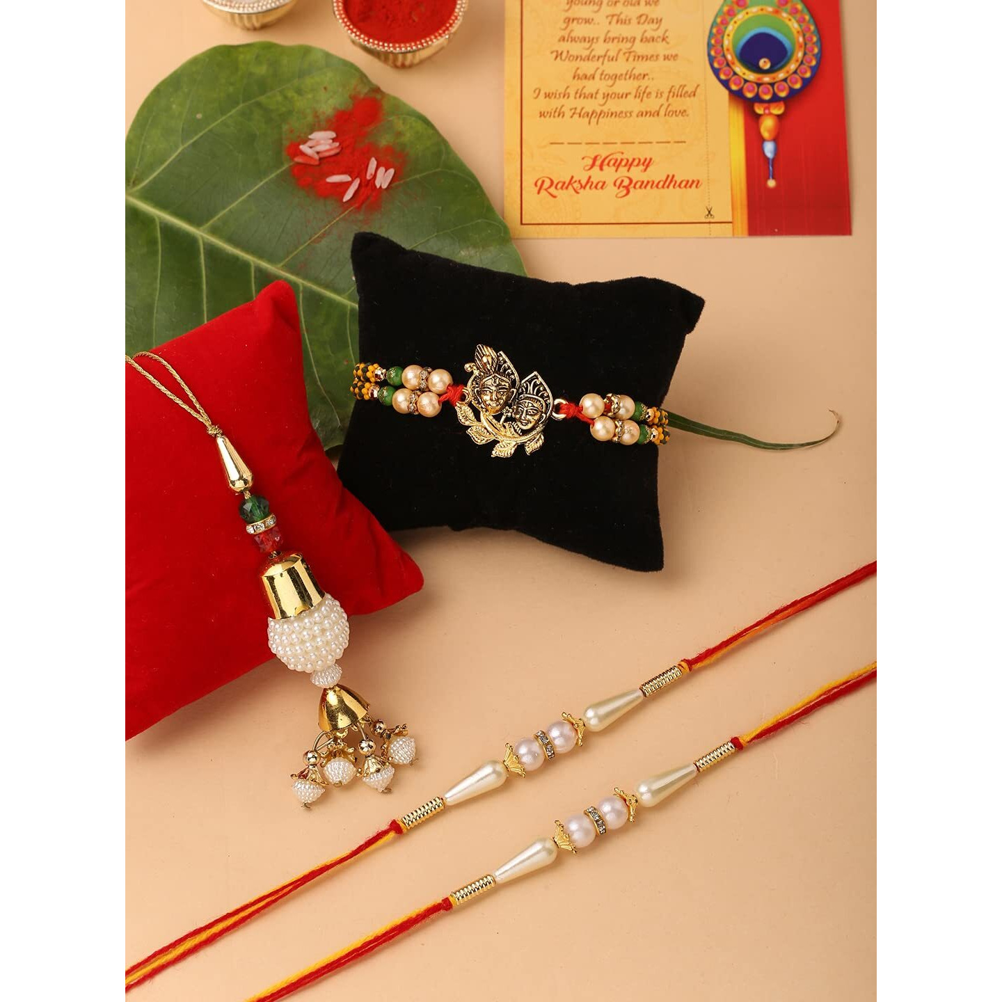 Collectible India Combo Of 4 Rakhi For Brother and Bhabhi Set/Premium Radha Krishna Bracelet Rakhi/Rakshabandhan Gift Card/Bhabhi Lumba Rakhi/ 2 /Pearls Rakhi/Rakhi For Brother Kids