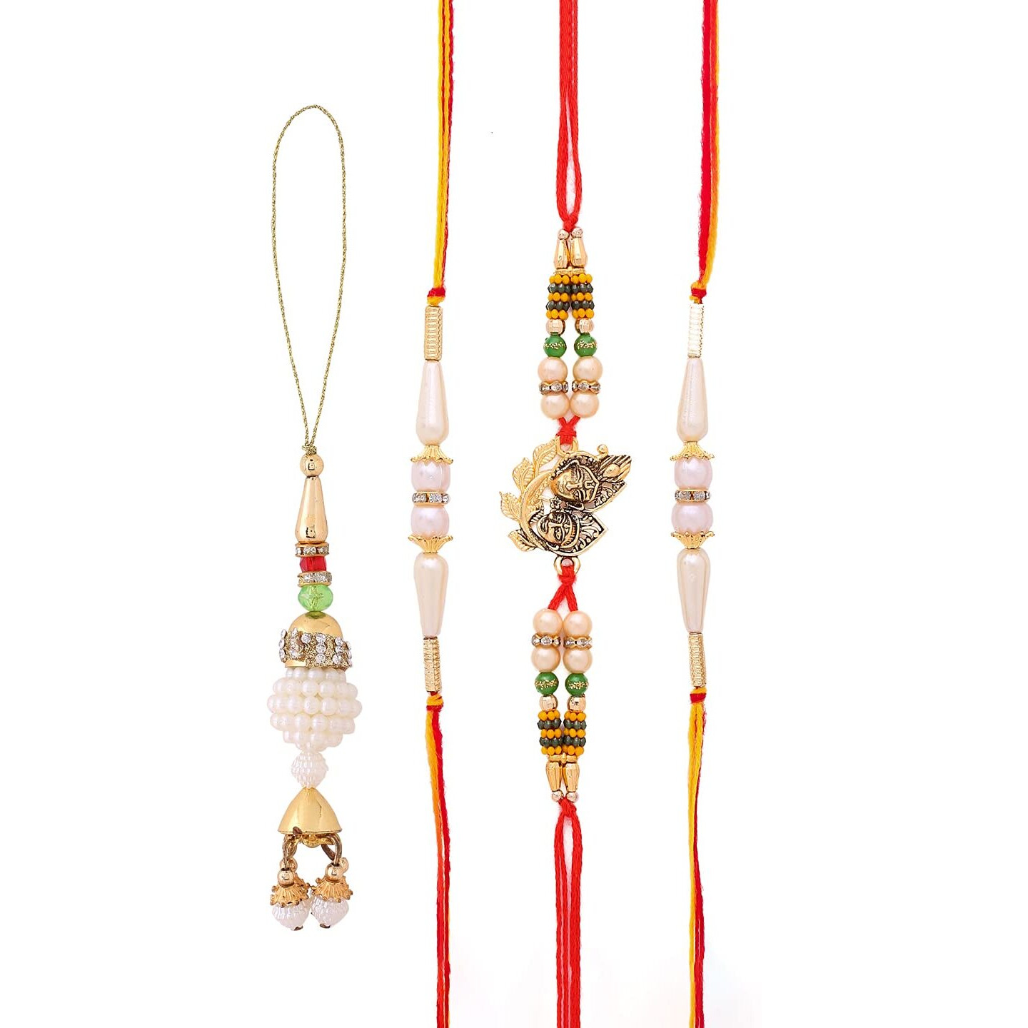 Collectible India Combo Of 4 Rakhi For Brother and Bhabhi Set/Premium Radha Krishna Bracelet Rakhi/Rakshabandhan Gift Card/Bhabhi Lumba Rakhi/ 2 /Pearls Rakhi/Rakhi For Brother Kids
