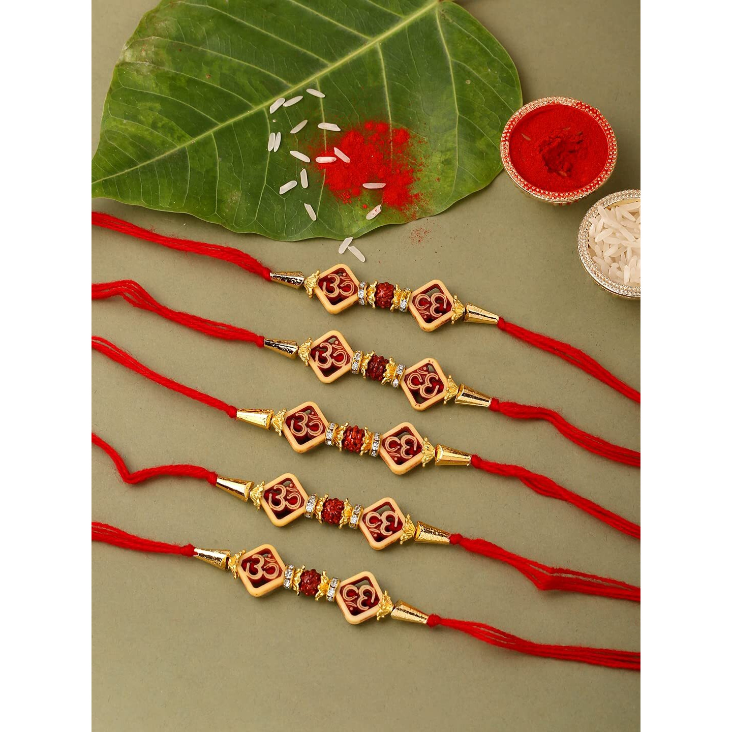 Collectible India Set of 5 Rudraksh Designer Rakhi for Brother Bhaiya with Card Roli Chawl Latest Rakshabandhan Gifts Combo for Men & Boy (RAKHI101)
