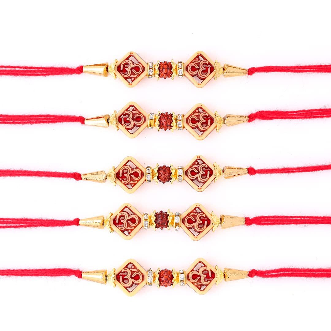 Collectible India Set of 5 Rudraksh Designer Rakhi for Brother Bhaiya with Card Roli Chawl Latest Rakshabandhan Gifts Combo for Men & Boy (RAKHI101)