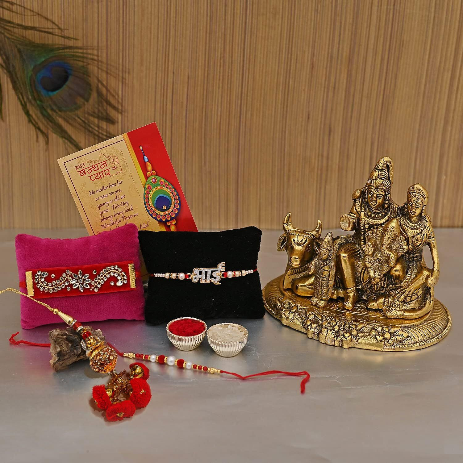 Collectible India Rakhi for Brother with Gift Set - Rakhi Gift for Brother Combo - Rakhi for Brother and Bhabhi Kids - Shiva Parvati Ganesh Idol Showpiece/Bhai Rakhi/Lumba Rakhi/Greeting Card