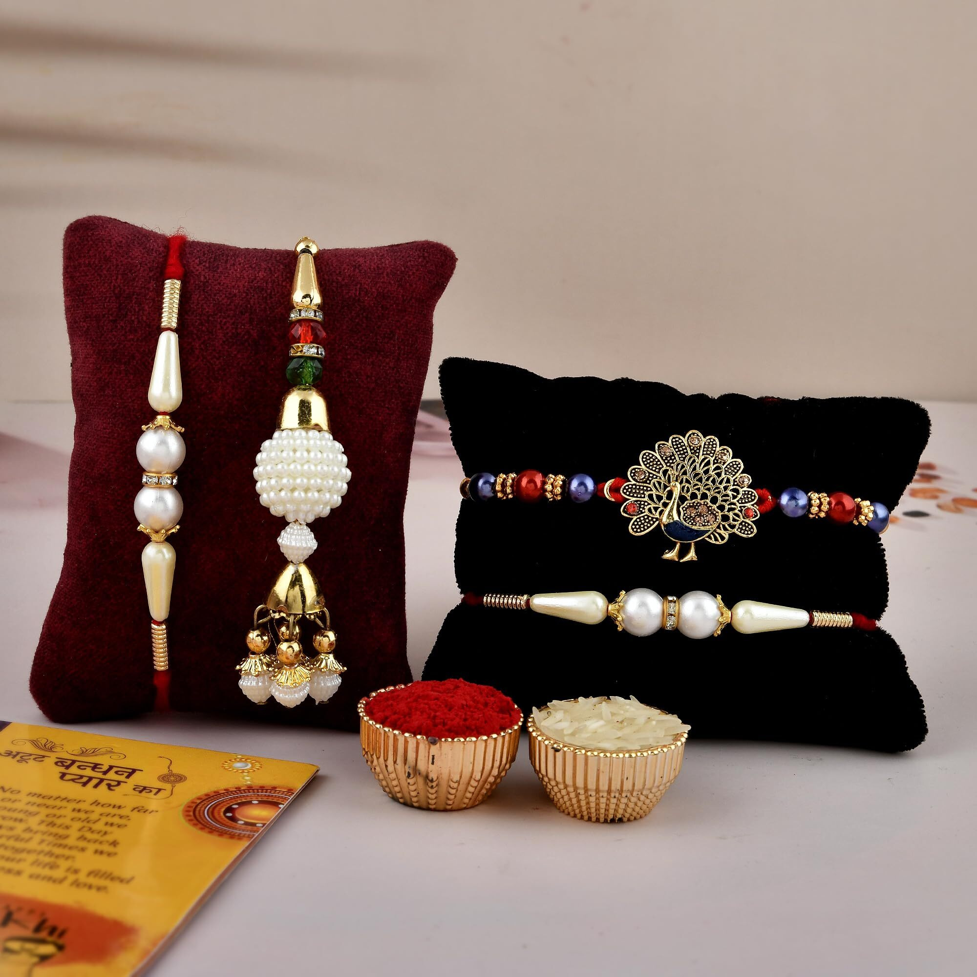 Collectible India Pack Of 4 Rakhi For Brother Bhabhi Kids With Rakshabandhan Gift Card/Lumba Rakhi For Bhabhi/Ganesha Om Rakhi/Pearls Rakhi/Rakhi Combo Set (RAKHI108)