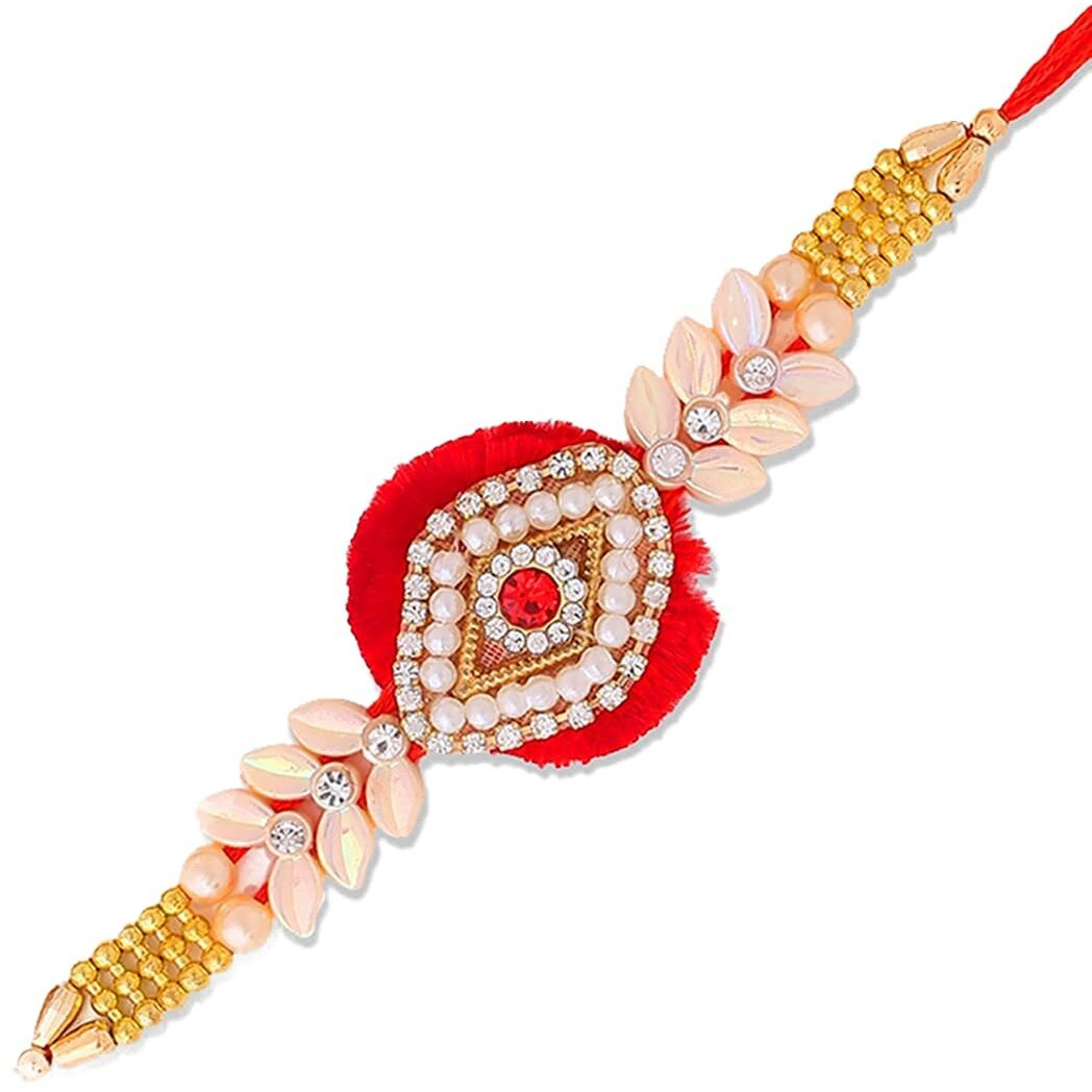Rakhi for Brother, Elegant Kundan Rakhi bracelet for brother, Round Flower Stone Studded Beaded Single Rakhi, Set of 1 Rakhi for Bhai with Wishing Greeting Card