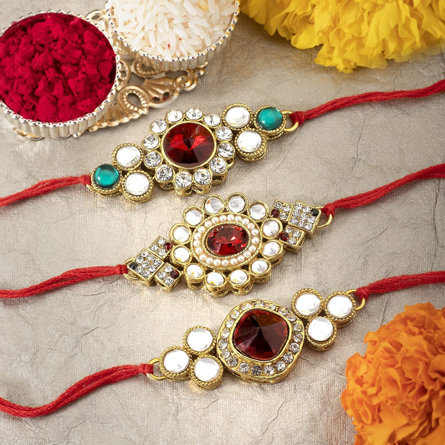 Peora Mens Elegant Kundan and Crystal Rakhi Bracelet with Greeting Card and Roli Chawal (Red, Gold) - Combo Set of 3