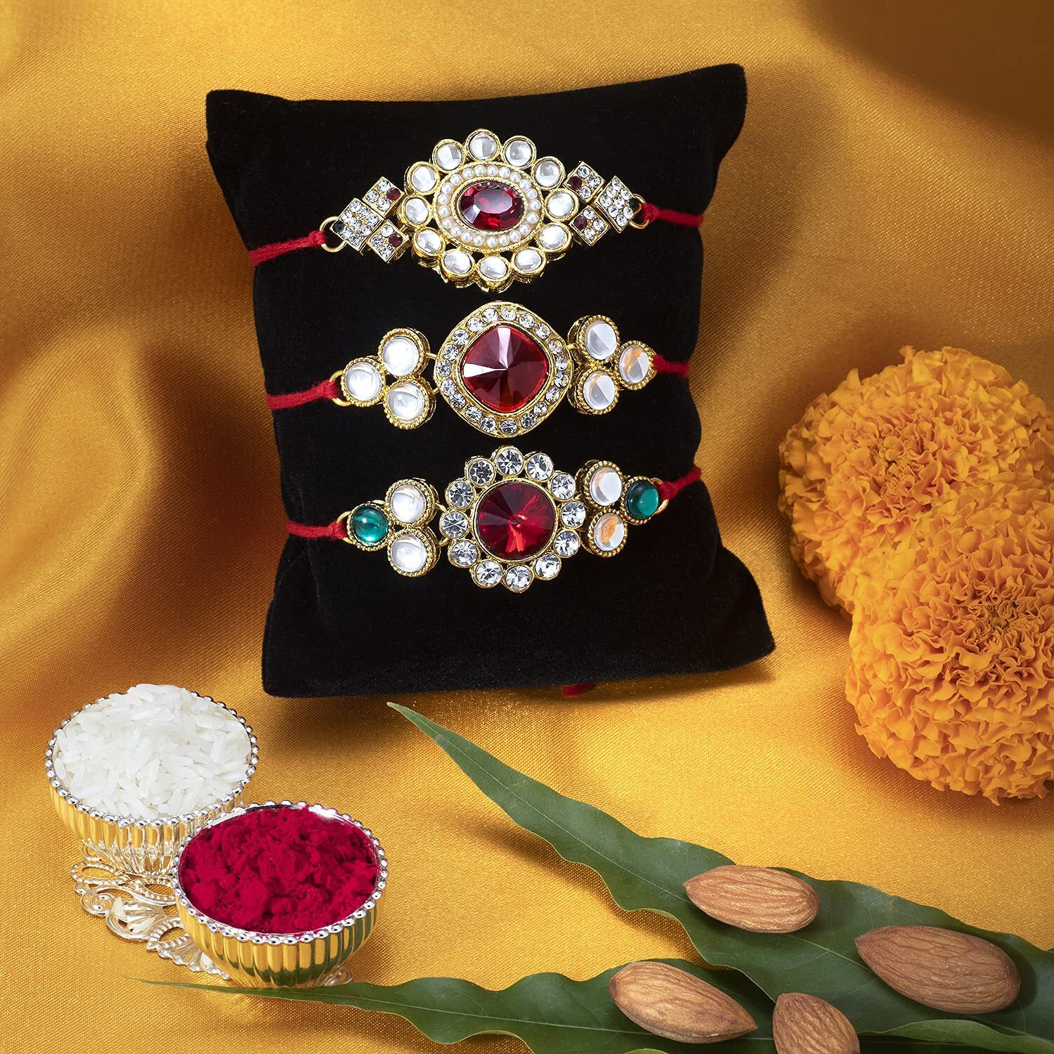 Peora Mens Elegant Kundan and Crystal Rakhi Bracelet with Greeting Card and Roli Chawal (Red, Gold) - Combo Set of 3