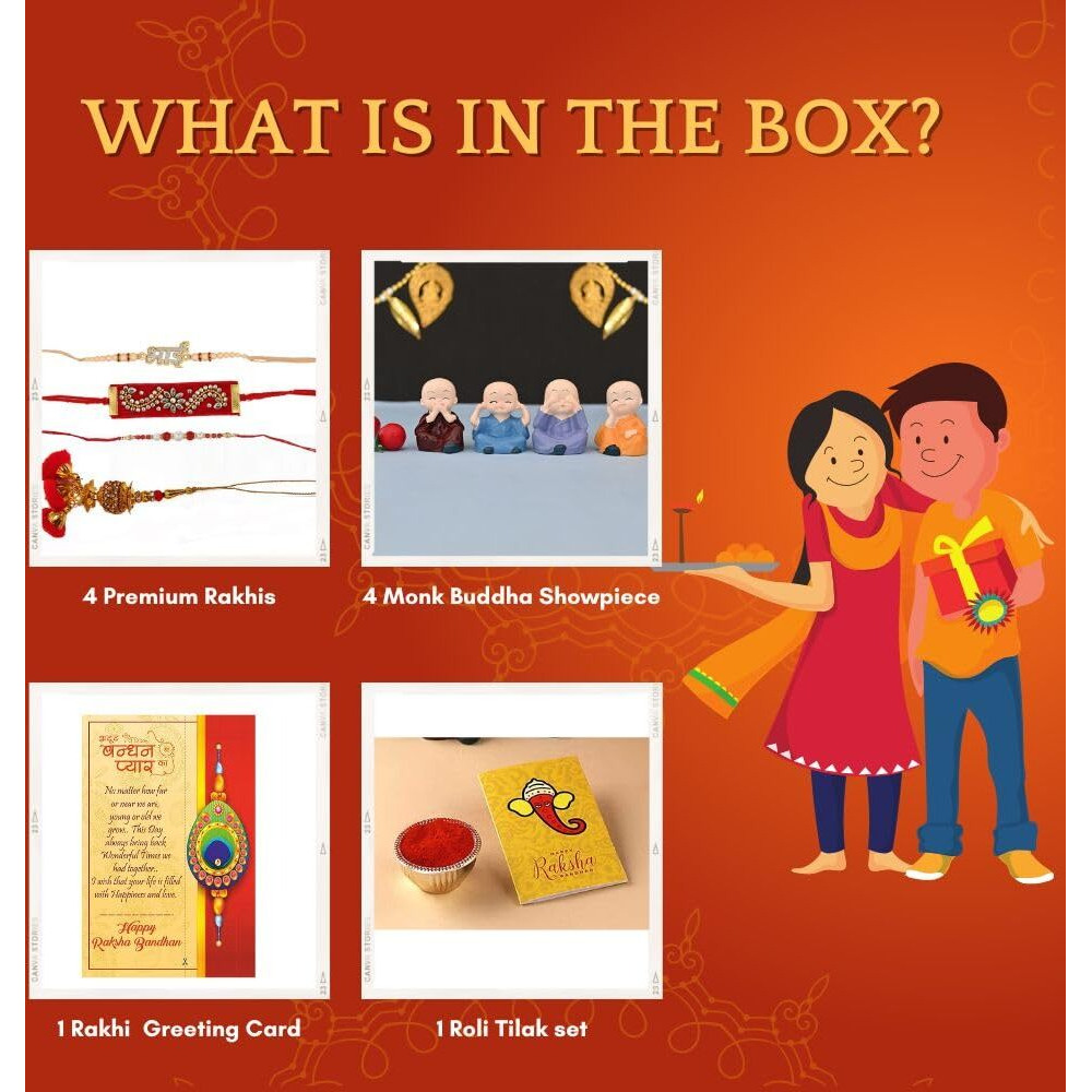 CraftVatika Rakhi for Bhaiya Combo Set - Rakhi for Bhai Bhabhi Kids - Rakhis for Rakshabandhan Hamper - Miniature Buddha Monk Figurines Showpiece with Dora, Bhai, Lumba Valvet Rakhi, Greeting Card