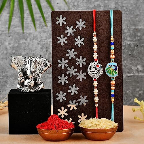 TONKWALAS Rakhi for Brother with Ganesh Idol Combo Set | Combo of 5 (1 Ganesh Idol, 2 Rakhi, 1 Roli Chawal Pack, 1 Greeting Card) (SG1-C18-C11)
