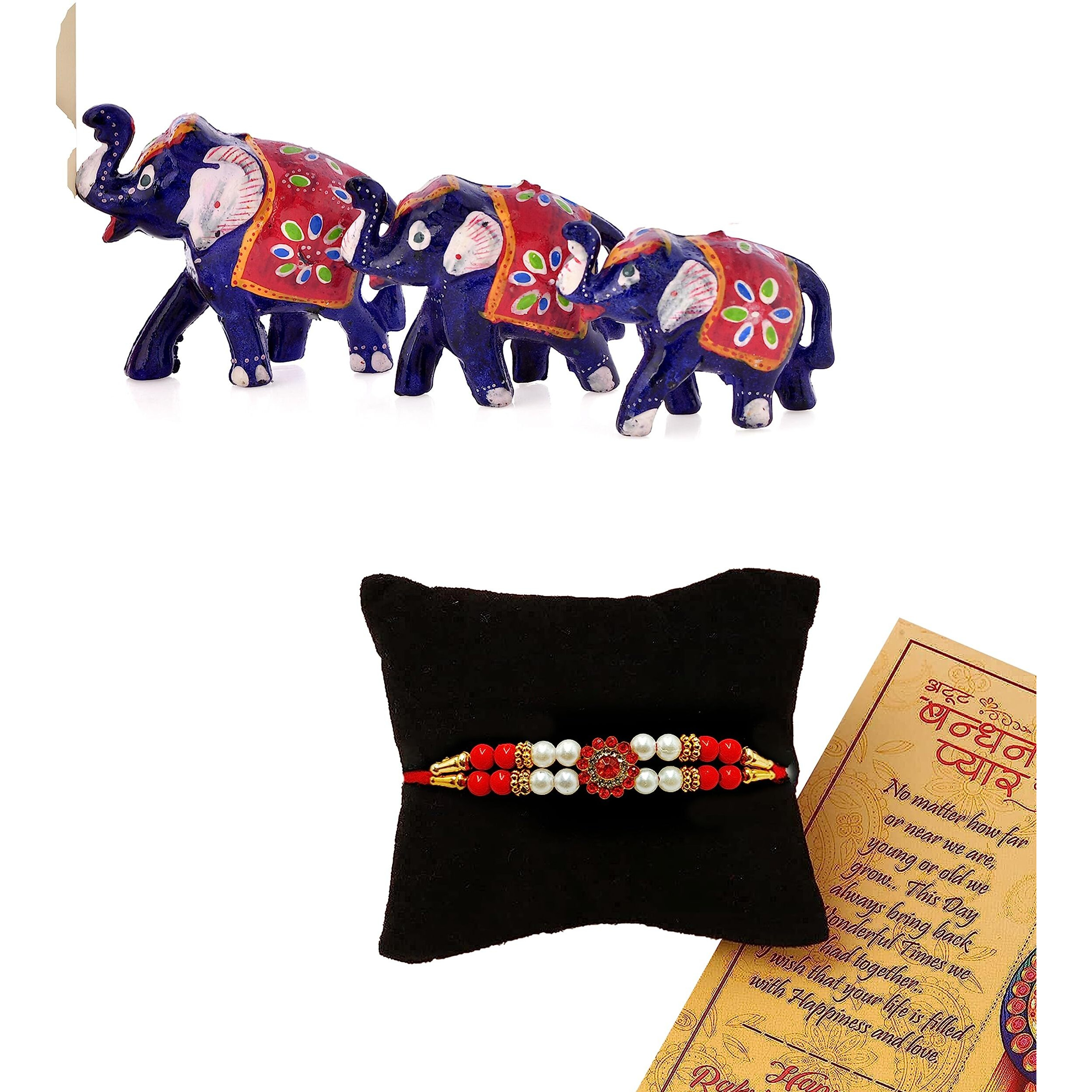 CraftVatika Rakhi Set of 1 for Brother Bhai Men - Designer Rakhi for Brother with Elephant Pair Set of 3 Showpiece - Rakshabandhan Rakhi Gift for Brother (M2-Single Rakhi)