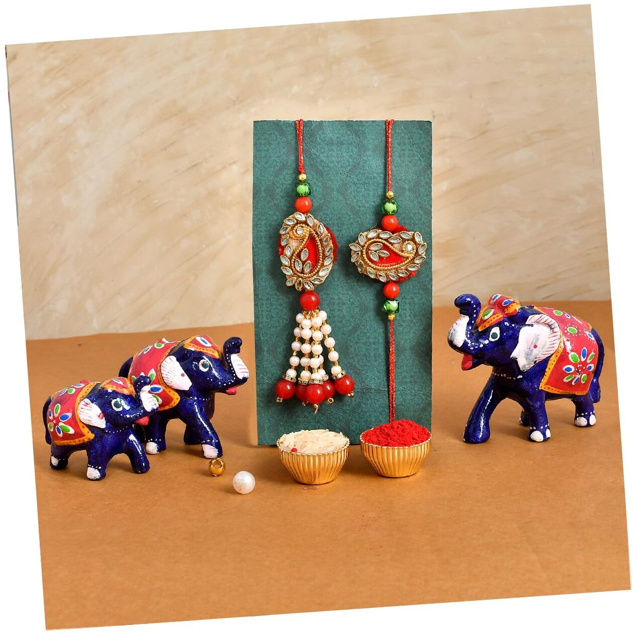 CraftVatika Rakhi Set of 2 for Bhai Bhabhi - Couple Kundan Rakhi for Brother and Bhabhi with Elephant Pair Set of 3 Showpiece - Rakshabandhan Designer Kundan Lumba Rakhi Gift for Brother