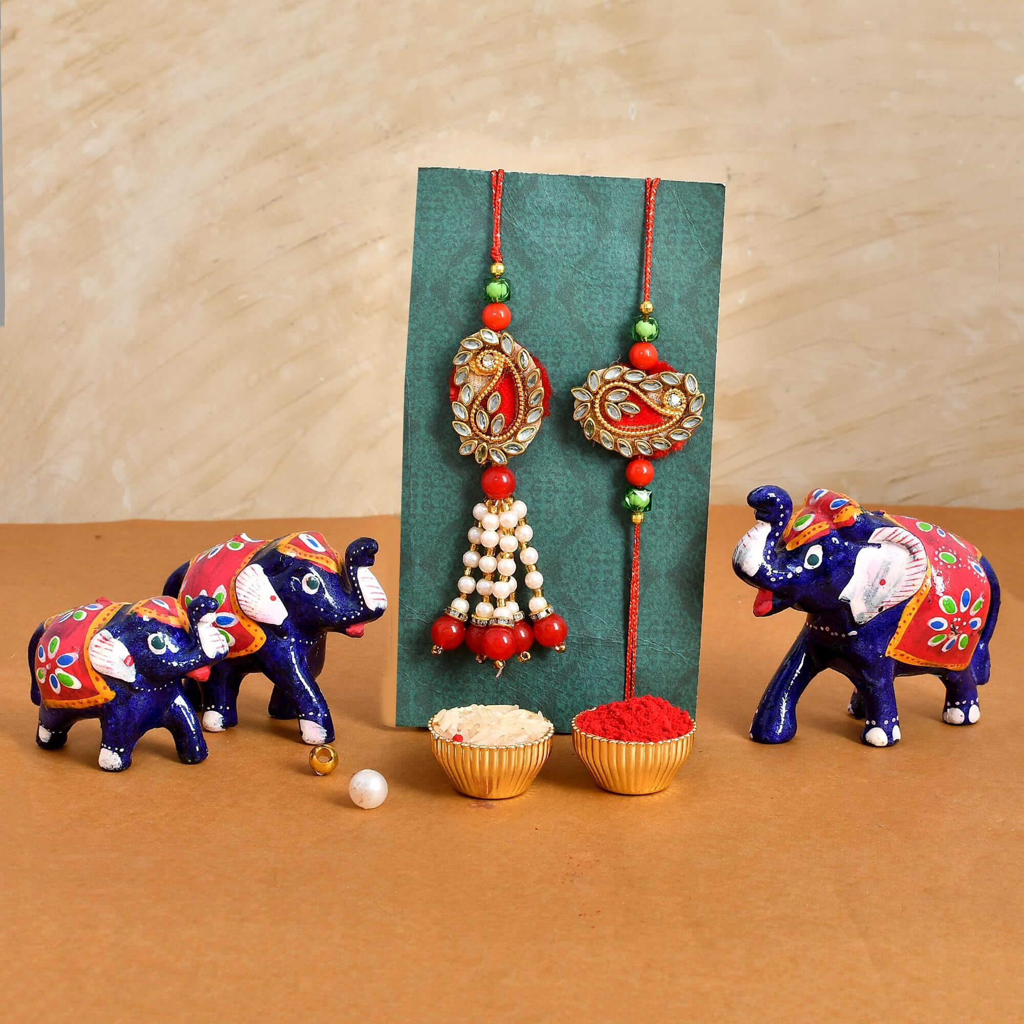 CraftVatika Rakhi Set of 2 for Bhai Bhabhi - Couple Kundan Rakhi for Brother and Bhabhi with Elephant Pair Set of 3 Showpiece - Rakshabandhan Designer Kundan Lumba Rakhi Gift for Brother