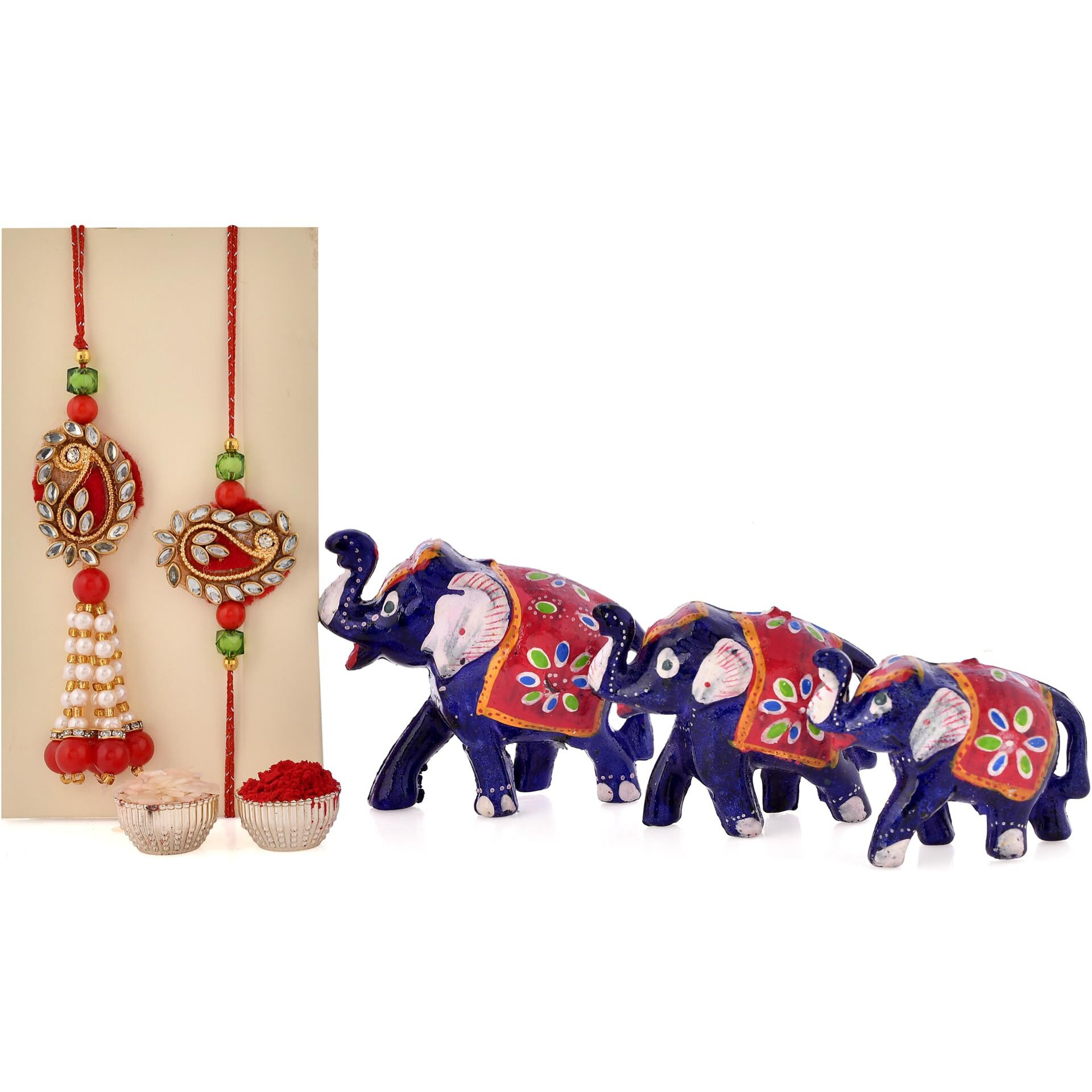 CraftVatika Rakhi Set of 2 for Bhai Bhabhi - Couple Kundan Rakhi for Brother and Bhabhi with Elephant Pair Set of 3 Showpiece - Rakshabandhan Designer Kundan Lumba Rakhi Gift for Brother