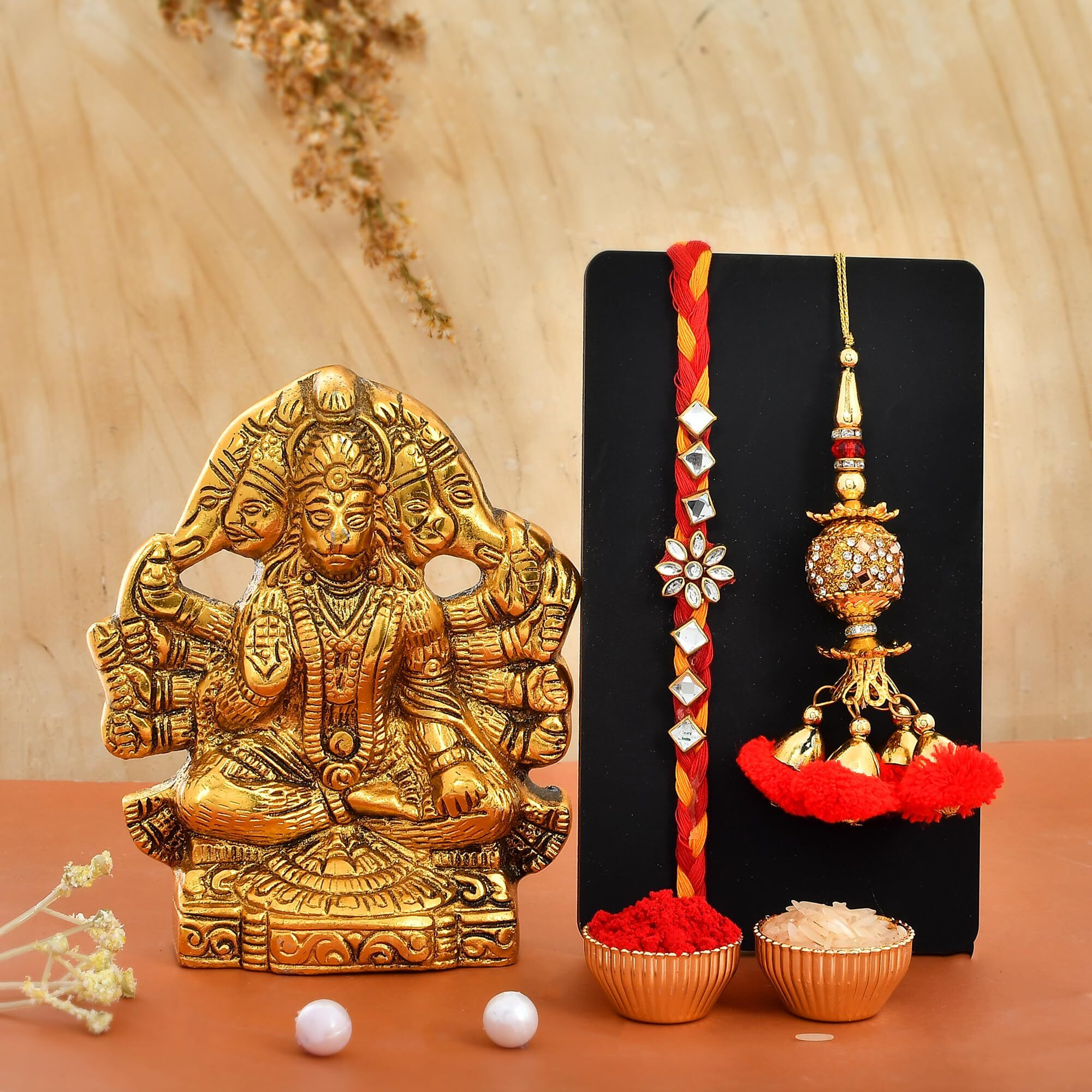 CraftVatika Rakhi Gift Set for Brother Bhabhi Rakhi with Panchmukhi Hanuman Idol Wall Hanging Lumba Rakhi for Bhabhi Couple Rakhi for Bhaiya Bhabhi Rakshabandhan Gift Combo (M1-Kundan Pair)