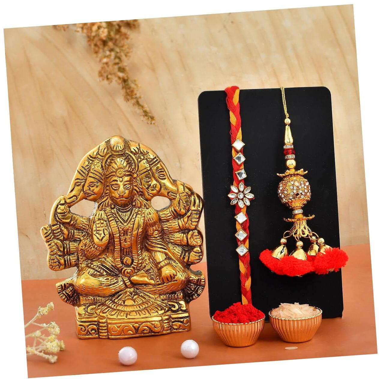 CraftVatika Rakhi Gift Set for Brother Bhabhi Rakhi with Panchmukhi Hanuman Idol Wall Hanging Lumba Rakhi for Bhabhi Couple Rakhi for Bhaiya Bhabhi Rakshabandhan Gift Combo (M1-Kundan Pair)
