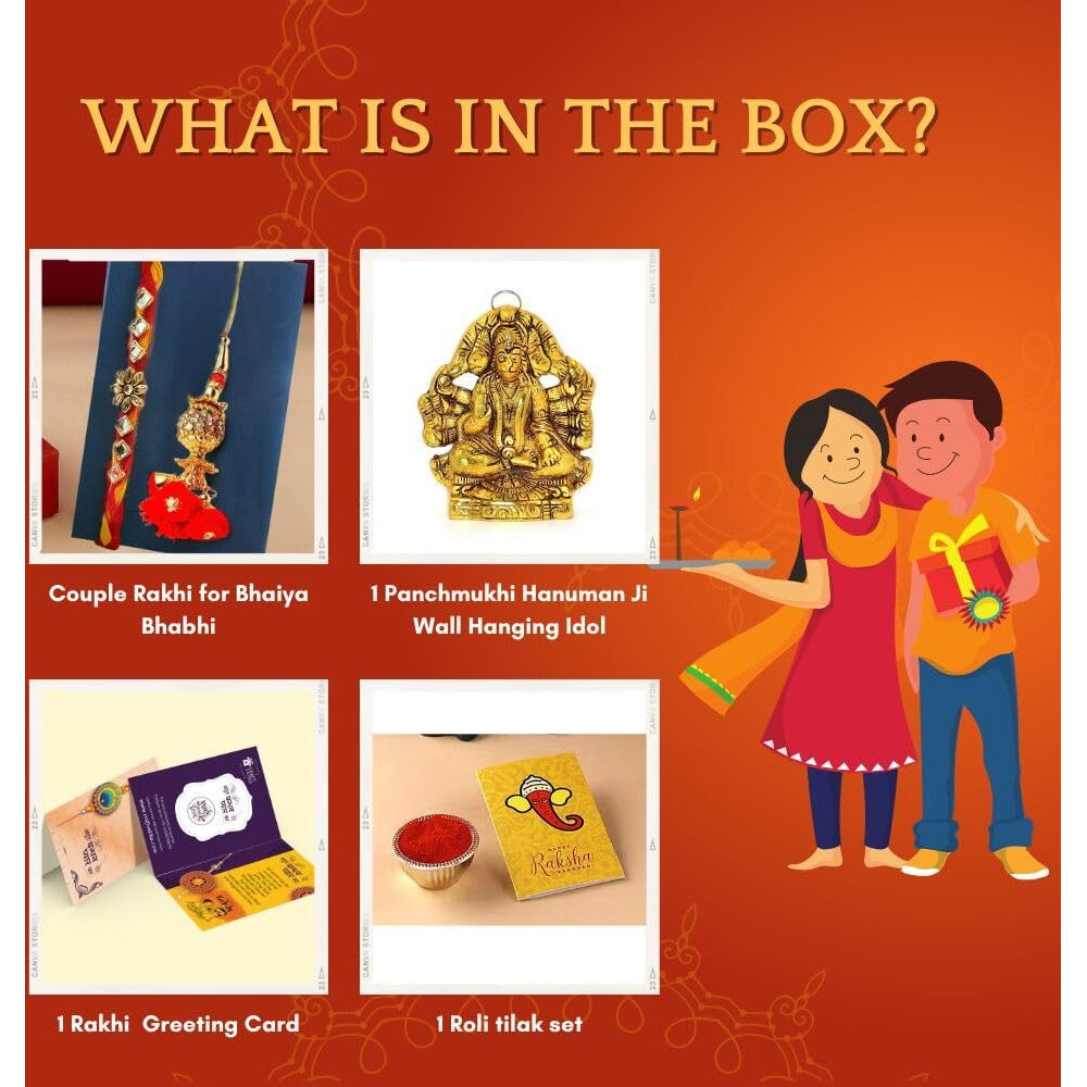 CraftVatika Rakhi Gift Set for Brother Bhabhi Rakhi with Panchmukhi Hanuman Idol Wall Hanging Lumba Rakhi for Bhabhi Couple Rakhi for Bhaiya Bhabhi Rakshabandhan Gift Combo (M1-Kundan Pair)