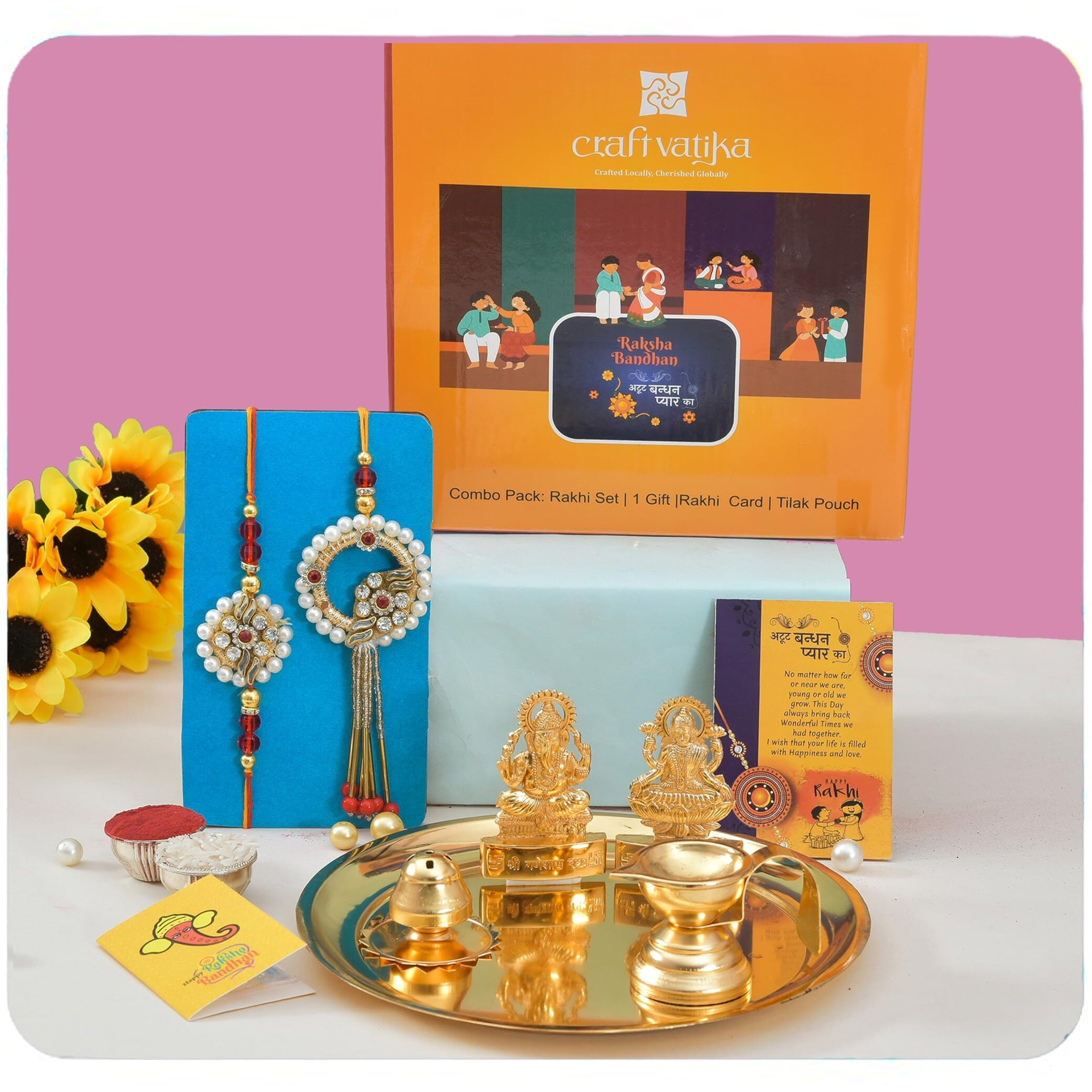 Rakhi For Brother With Puja Pooja Thali Gifts Combo - Rakhi Gift For Brother And Bhabhi - Rakshabandha Gifts for Sister Bhaiya - Gold Plated Laxmi Ganesh Pooja thali Set (M3- Bhaiya Bhabhi Pair)