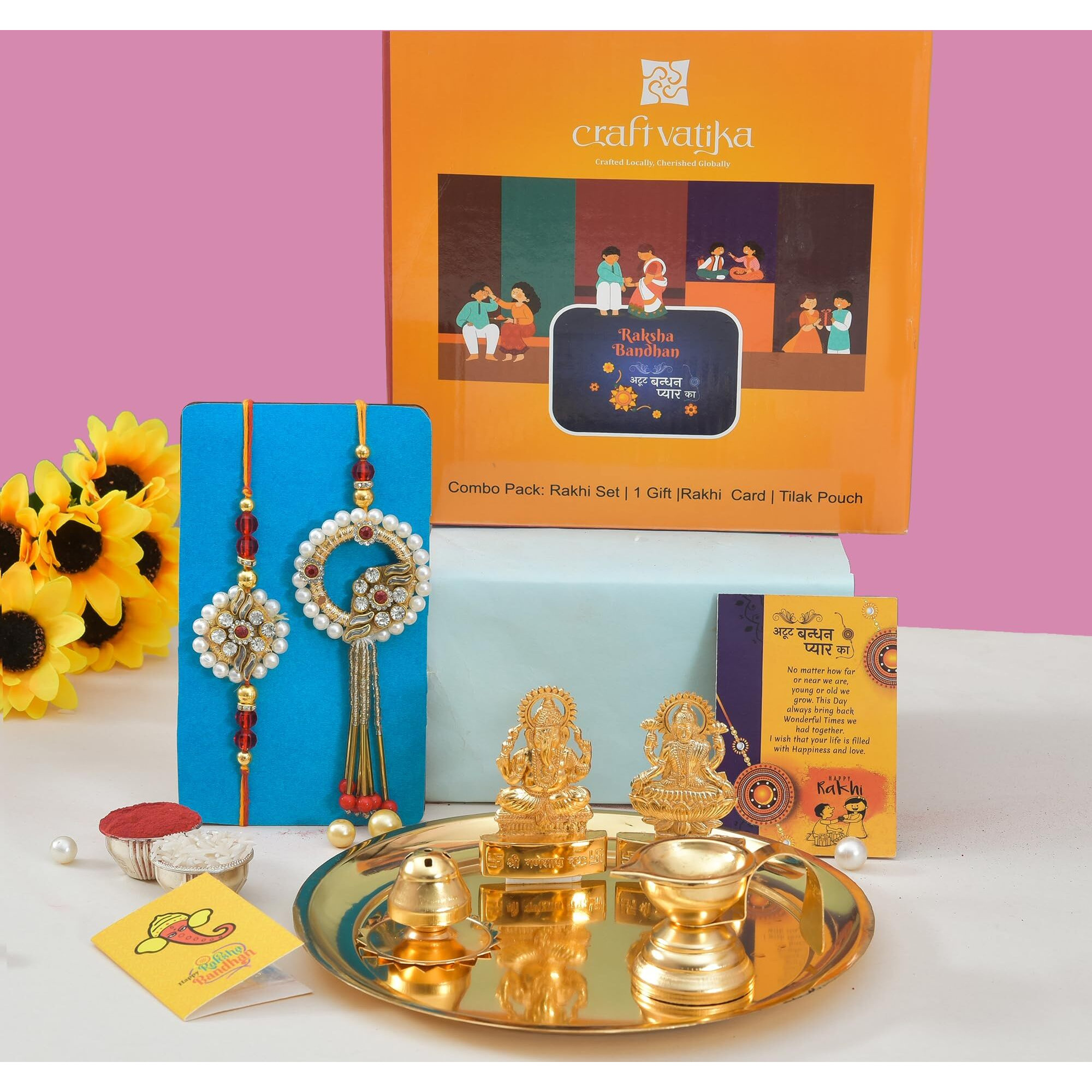 Rakhi For Brother With Puja Pooja Thali Gifts Combo - Rakhi Gift For Brother And Bhabhi - Rakshabandha Gifts for Sister Bhaiya - Gold Plated Laxmi Ganesh Pooja thali Set (M3- Bhaiya Bhabhi Pair)