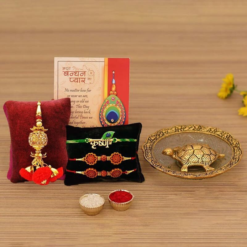 Collectible India Rakhi Gift for Brother Combo Set - Rakhi for Brother - Rakhi for Rakshabandhan Gifts for Bhaiya Bhabhi - Metal Tortoise Vastu Showpiece, Home Decor Items (M1- Family Combo)