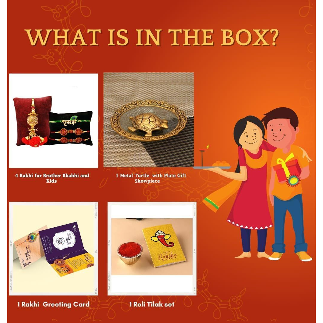 Collectible India Rakhi Gift for Brother Combo Set - Rakhi for Brother - Rakhi for Rakshabandhan Gifts for Bhaiya Bhabhi - Metal Tortoise Vastu Showpiece, Home Decor Items (M1- Family Combo)