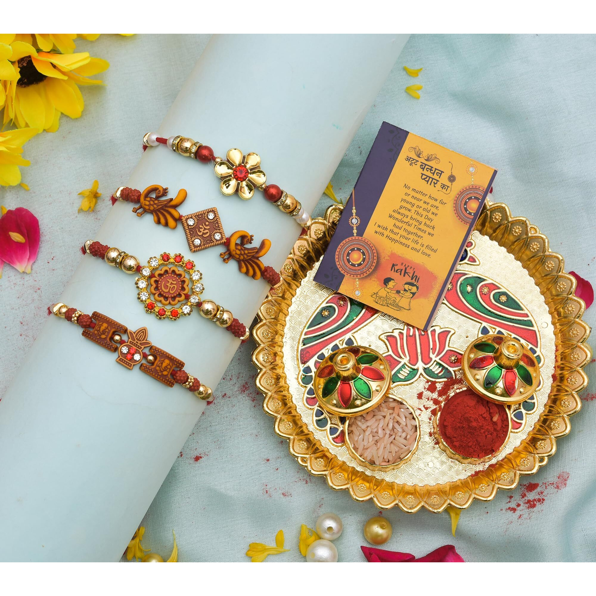 Rakhi with Pooja thali for Brother and Bhabhi Kids, Rakhi Pooja thali Combo Set (Thali with Designer Rakhi)
