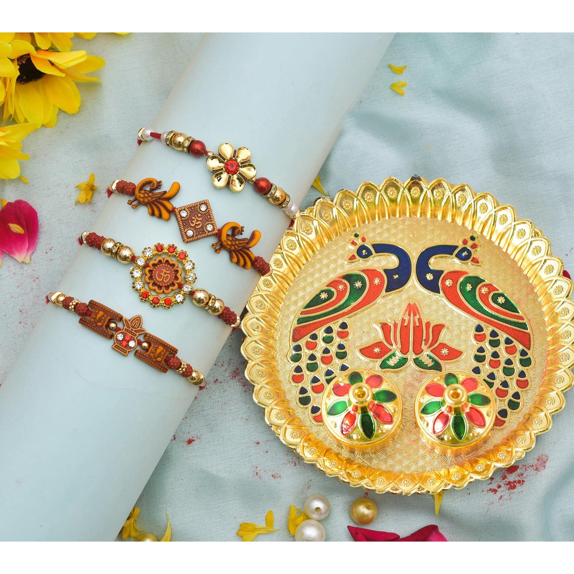 Rakhi with Pooja thali for Brother and Bhabhi Kids, Rakhi Pooja thali Combo Set (Thali with Designer Rakhi)