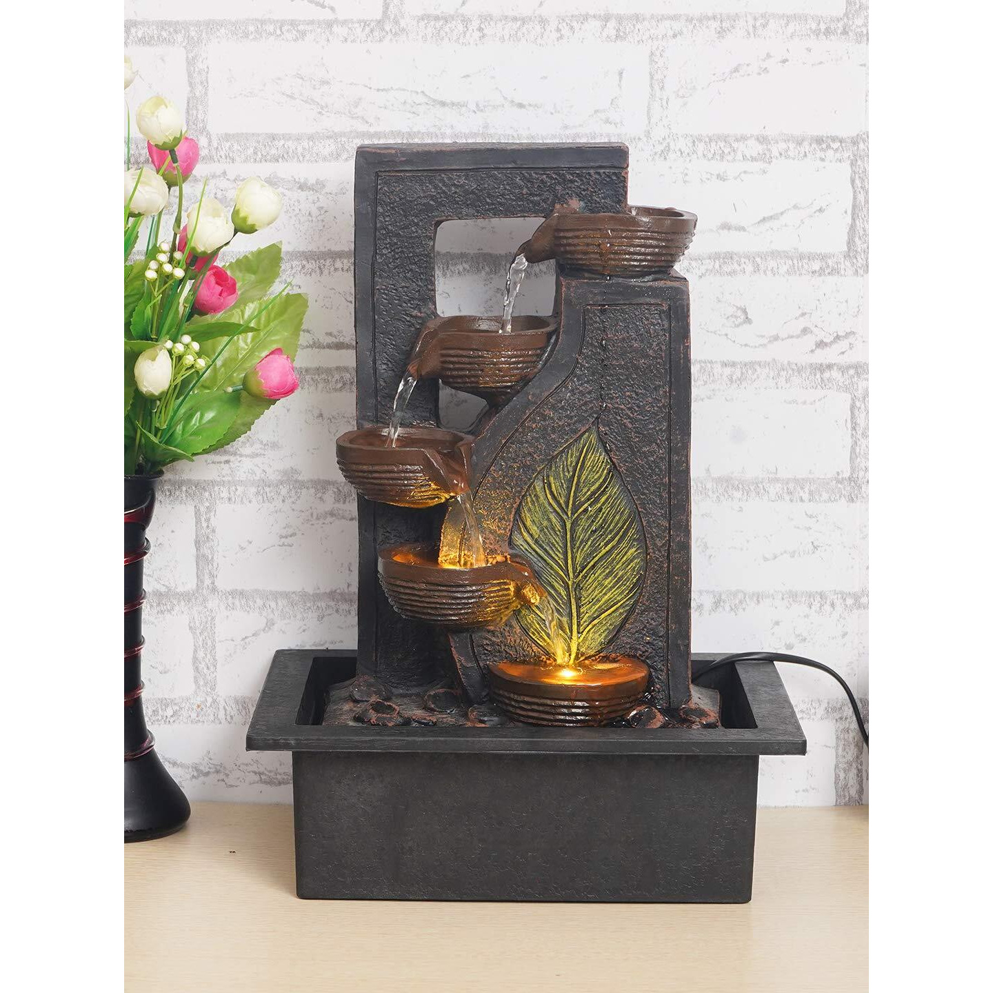 CHRONIKLE Polyresin Table Top Black 4 Diya Steps & Green Leaf Design Indoor Waterfall Fountain for Home Decor with LED Lights & Speed Controller Pump (Size 40 x 29.5 x 22CM | Weight 2250grm)