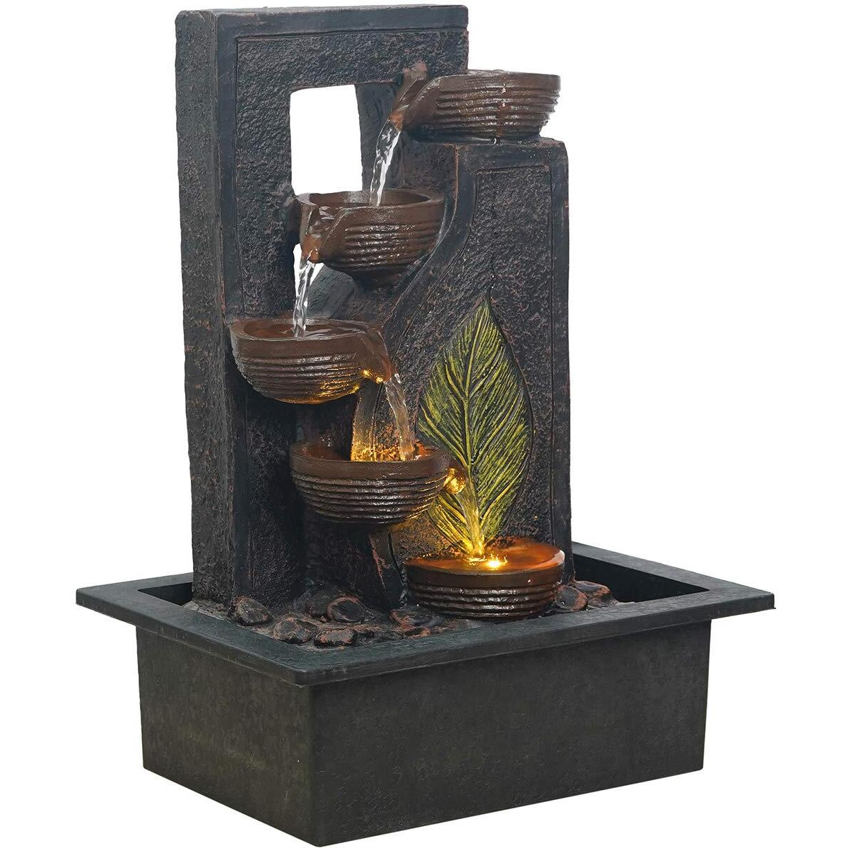 CHRONIKLE Polyresin Table Top Black 4 Diya Steps & Green Leaf Design Indoor Waterfall Fountain for Home Decor with LED Lights & Speed Controller Pump (Size 40 x 29.5 x 22CM | Weight 2250grm)