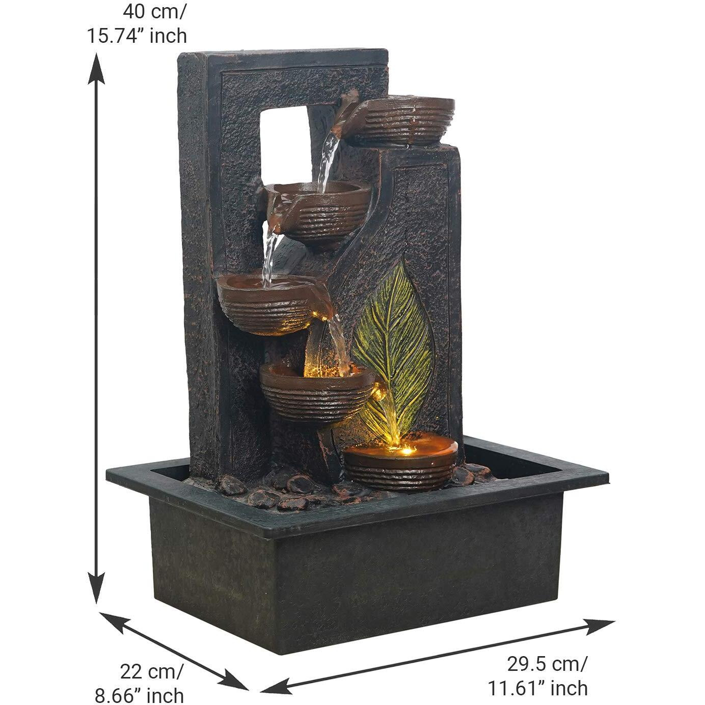 CHRONIKLE Polyresin Table Top Black 4 Diya Steps & Green Leaf Design Indoor Waterfall Fountain for Home Decor with LED Lights & Speed Controller Pump (Size 40 x 29.5 x 22CM | Weight 2250grm)