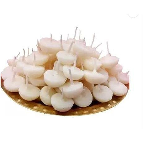 Om Phool Batti Small Size Cow Ghee Diya Batti for Puja, 50 Pcs, Wax Free & Vegan Ghee Batti/Wicks/Jyot for Puja Aarti, (Pack of 1, White, 50 Pcs)