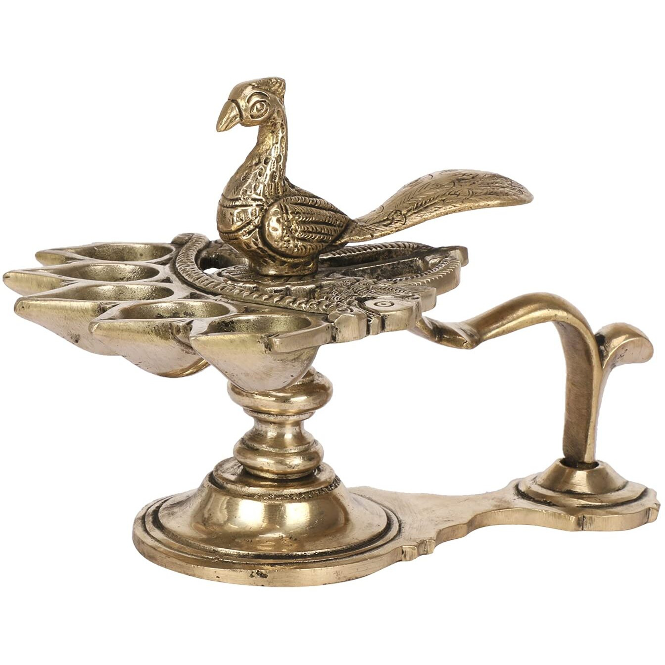 Artvarko Peacock Aarti Diya with Handle Brass Decorative Puja Accessory, Five Face Camphor Burner lamp Panch Aarti for Navratra, Diwali Gifts Home Decor .