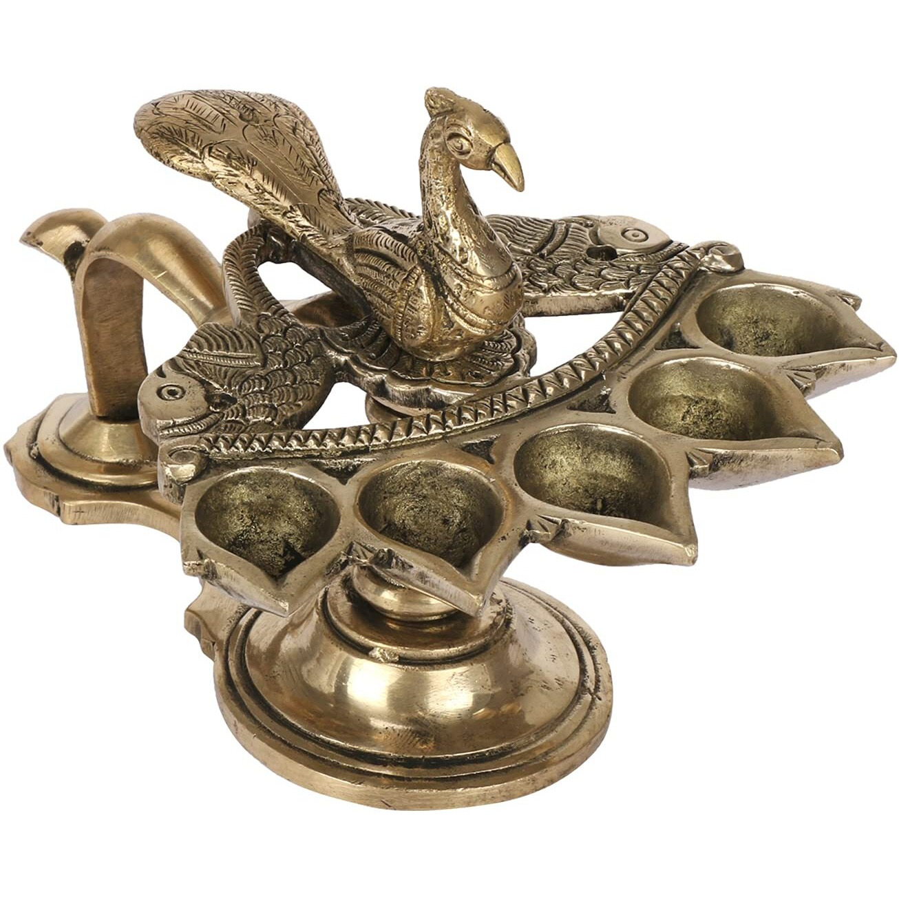 Artvarko Peacock Aarti Diya with Handle Brass Decorative Puja Accessory, Five Face Camphor Burner lamp Panch Aarti for Navratra, Diwali Gifts Home Decor .