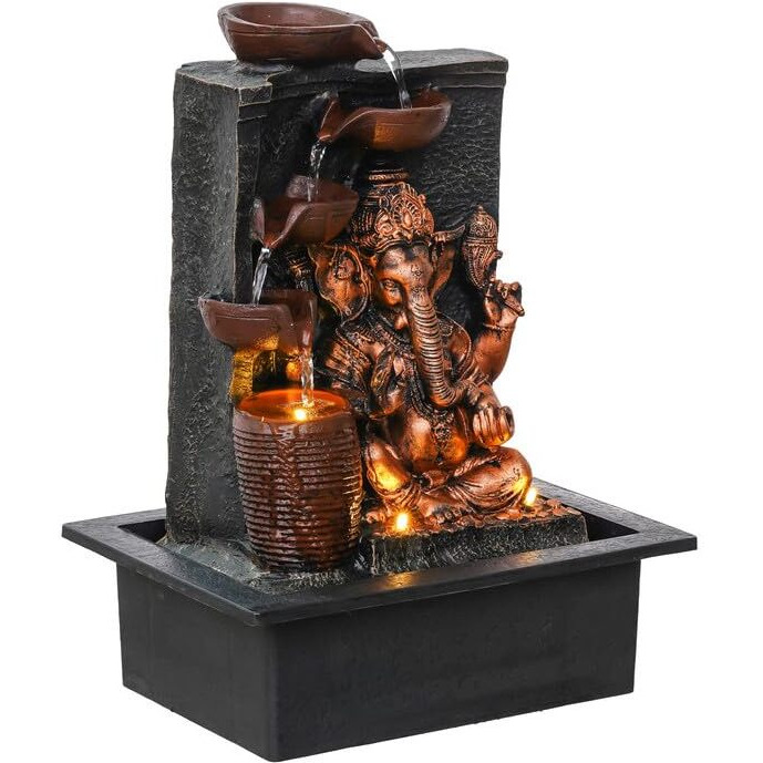 CHRONIKLE Polyresin Golden Brown Ganesha Tabletop Indoor 4 Diya Steps Waterfall Fountain for Home Dcor with Yellow LED Light & Water Flow Controller Pump (Size 39 x 29.5 x 22CM | Weight 2195grm)