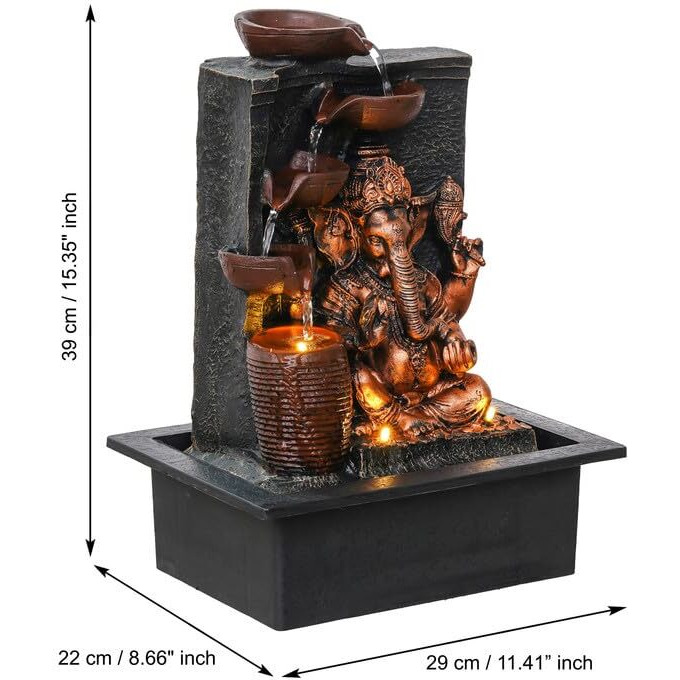CHRONIKLE Polyresin Golden Brown Ganesha Tabletop Indoor 4 Diya Steps Waterfall Fountain for Home Dcor with Yellow LED Light & Water Flow Controller Pump (Size 39 x 29.5 x 22CM | Weight 2195grm)