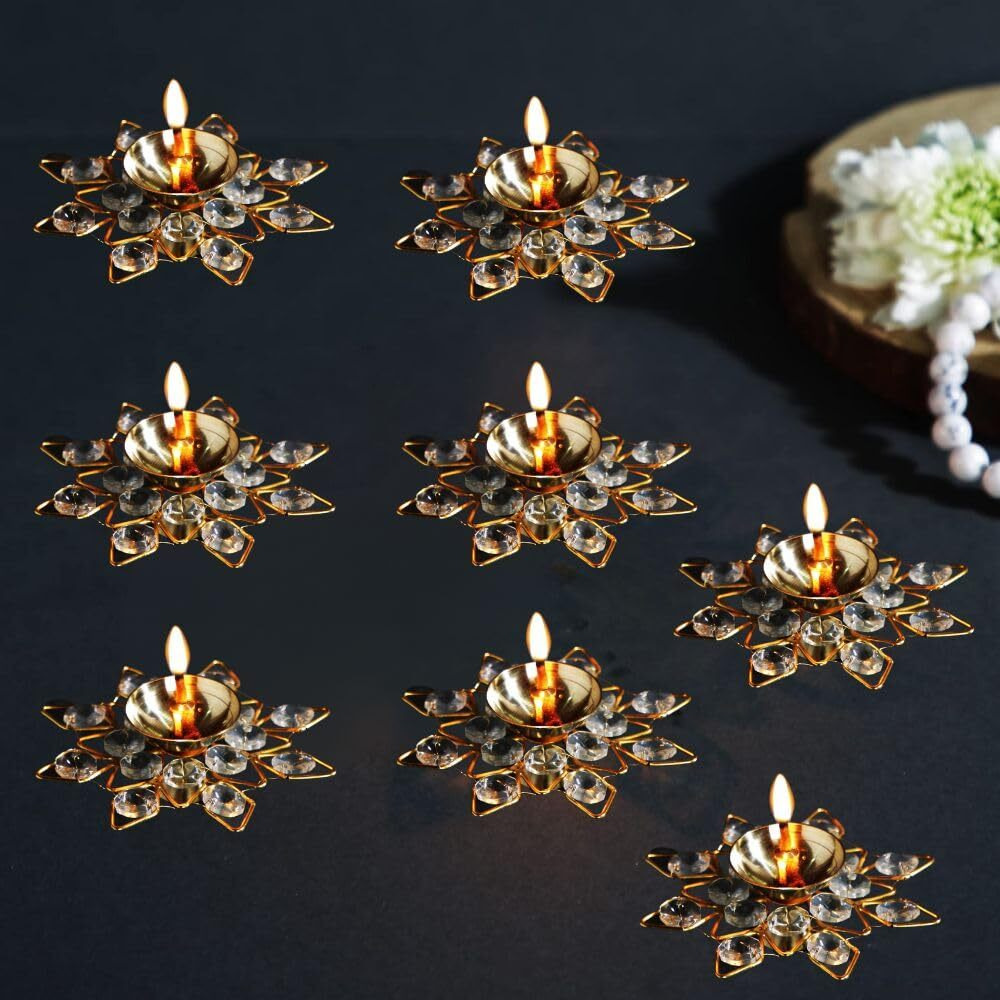 CraftVatika Crystal Akhand Brass Diya Deepak Brass Oil Puja Lamp for Diwali Decoration Items for Home Decor and Gift Items Office Pooja Articles Decor (Golden, 4 X 1.5 Inch) (Set of 8 )