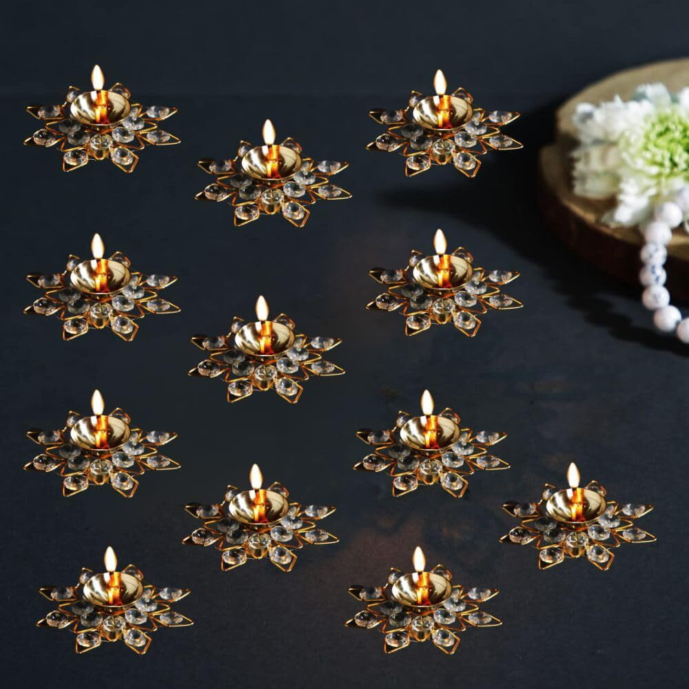 CraftVatika Crystal Akhand Brass Diya Deepak Brass Oil Puja Lamp for Diwali Decoration Items for Home Decor and Gift Items Office Pooja Articles Decor (Golden, 4 X 1.5 Inch) (Set of 12)