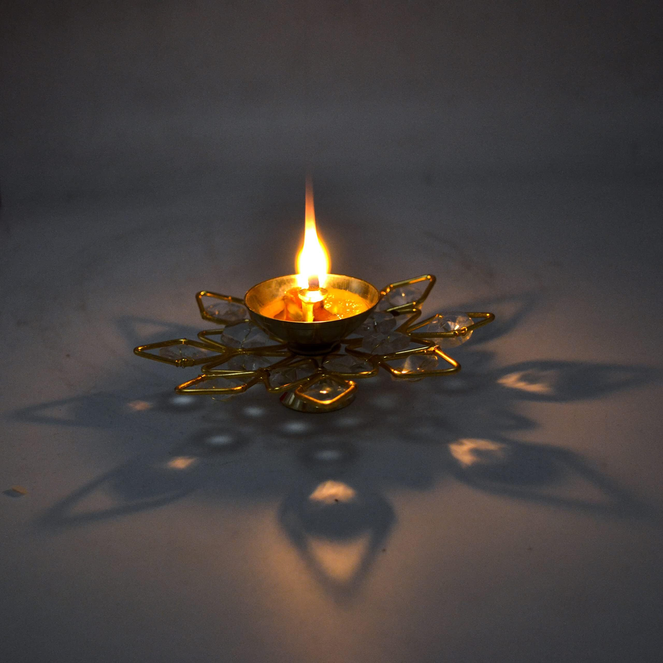 CraftVatika Crystal Akhand Brass Diya Deepak Brass Oil Puja Lamp for Diwali Decoration Items for Home Decor and Gift Items Office Pooja Articles Decor (Golden, 4 X 1.5 Inch) (Set of 12)