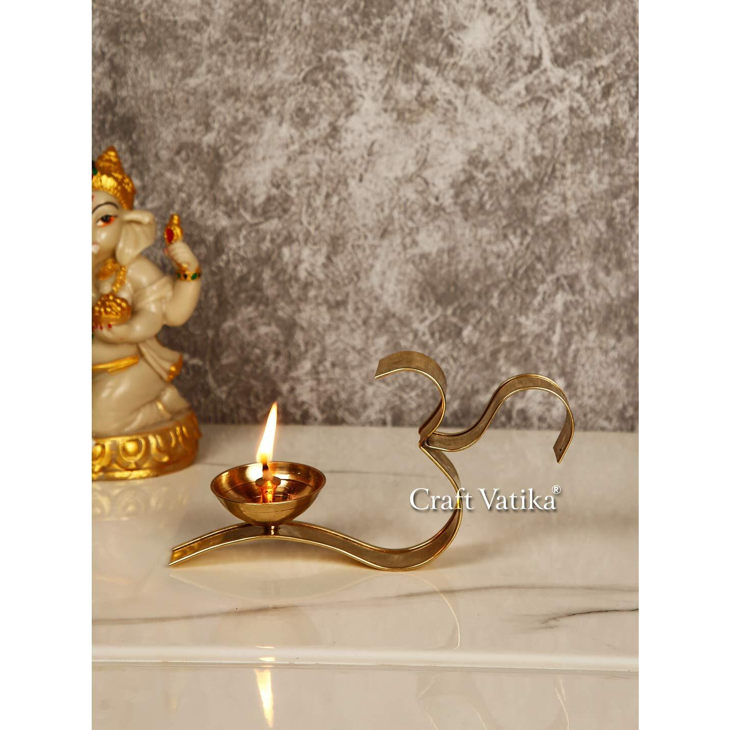 Collectible India Metal Om Diya Oil Lamp with Om Design Handle, Golden Finish, Pack of 1