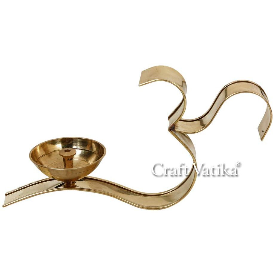 Collectible India Metal Om Diya Oil Lamp with Om Design Handle, Golden Finish, Pack of 1