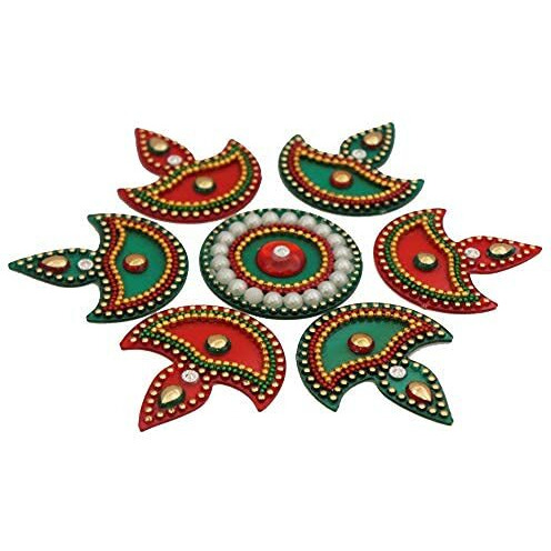 Acrylic Diya Rangoli (Small) (7 pcs) Red and Green (16 CM X 16 CM)