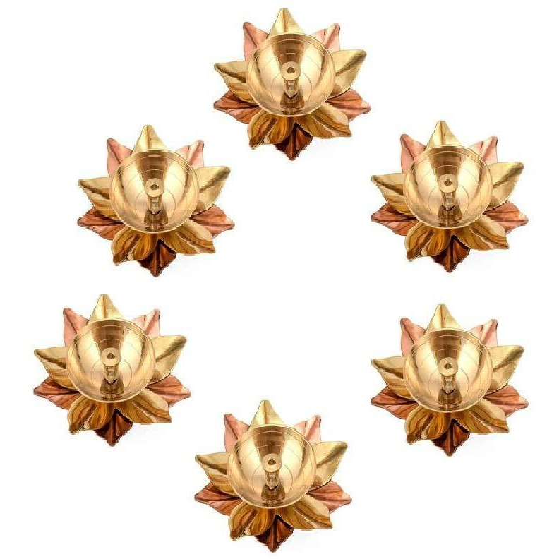 Fashion Bizz Brass Akhand Lotus/Kamal Diya | Akhand Jyot | Magical Lantern Brass Diya | Decorative Brass Oil Lamp | Puja Lamp Brass, Copper (Pack of 6) Table Diya (Height 1.5 inch)