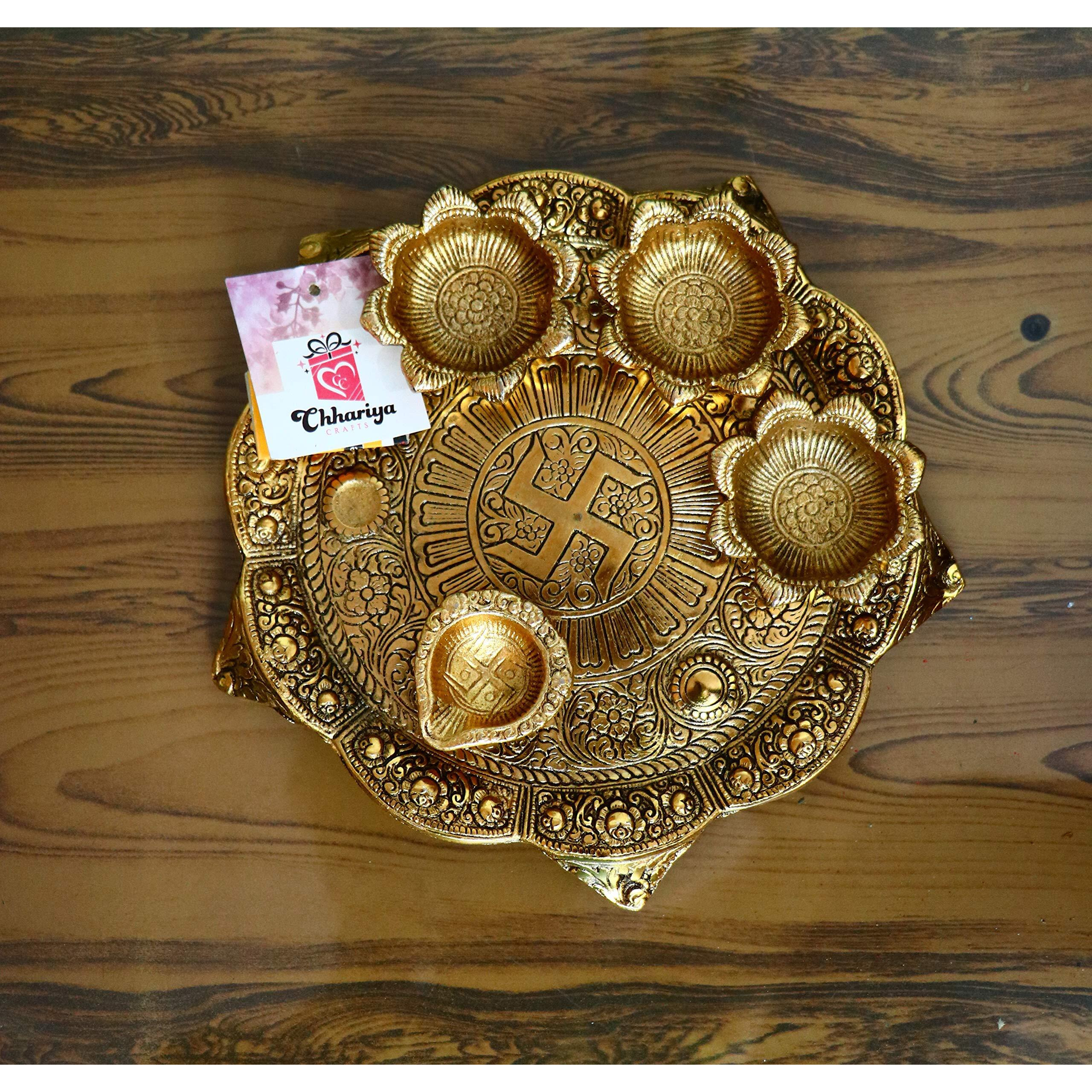 Chhariya Crafts Metal Pooja Thali with Diya for Home and Office Temple Puja Item (1 Pieces, Gold)