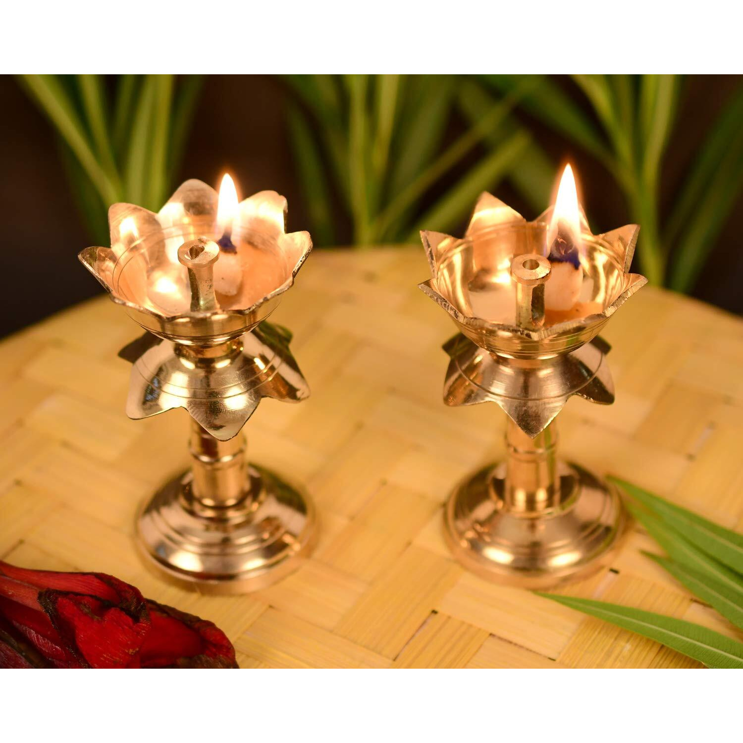 Collectible India Set of 2 Brass Diya for Puja Temple Decoration, Diya for Diwali - Lotus Shape Pillar Diya Stand Oil Lamp for Home Mandir Pooja Articles- Diwali Festive Gifts-3.8 Inch