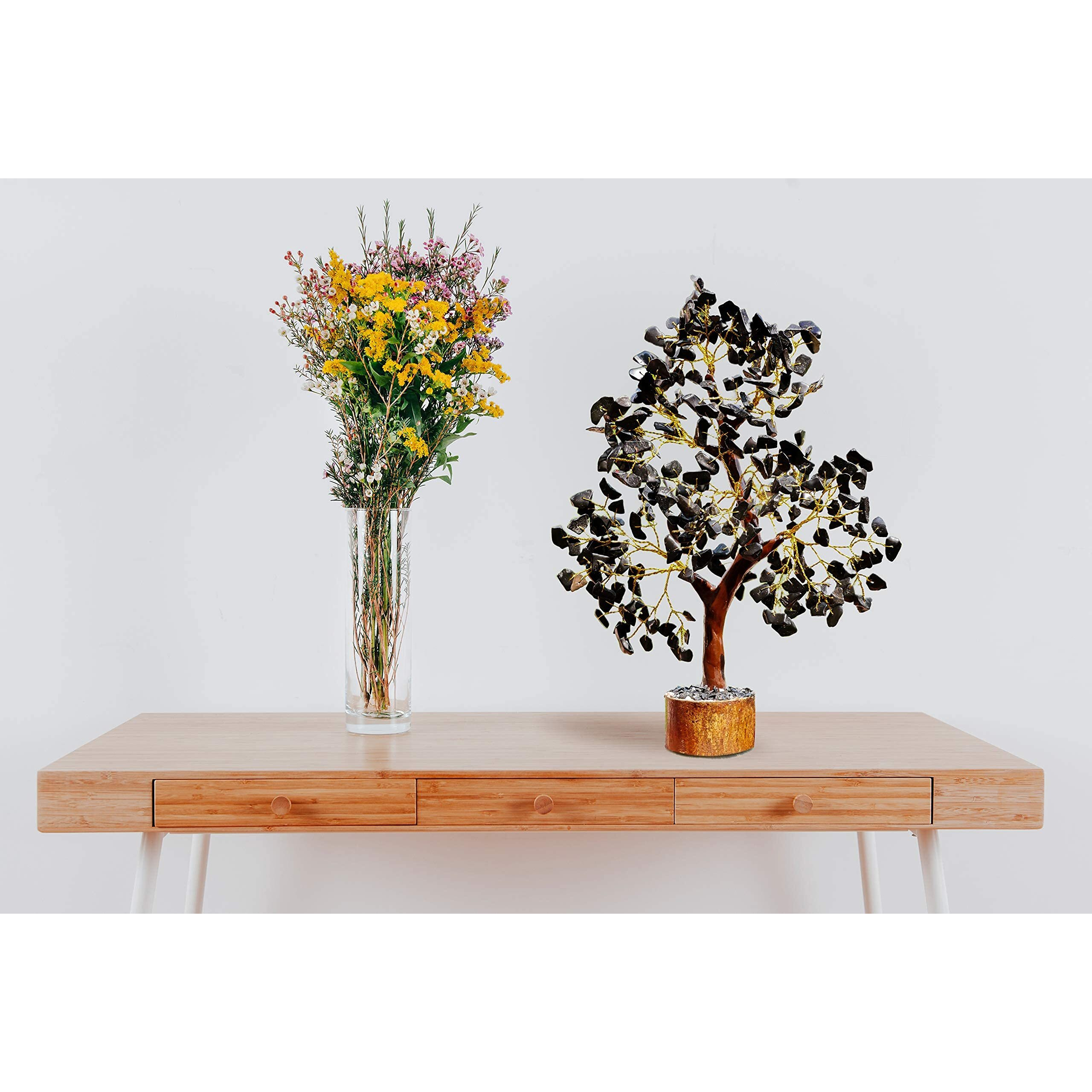 PREK Crystals and Stones, Black Tourmaline Crystal Showpiece for Home Decor Decoration Bonsai Money Tree, Size 10-12 inches, Black Golden Wire. 1 Piece