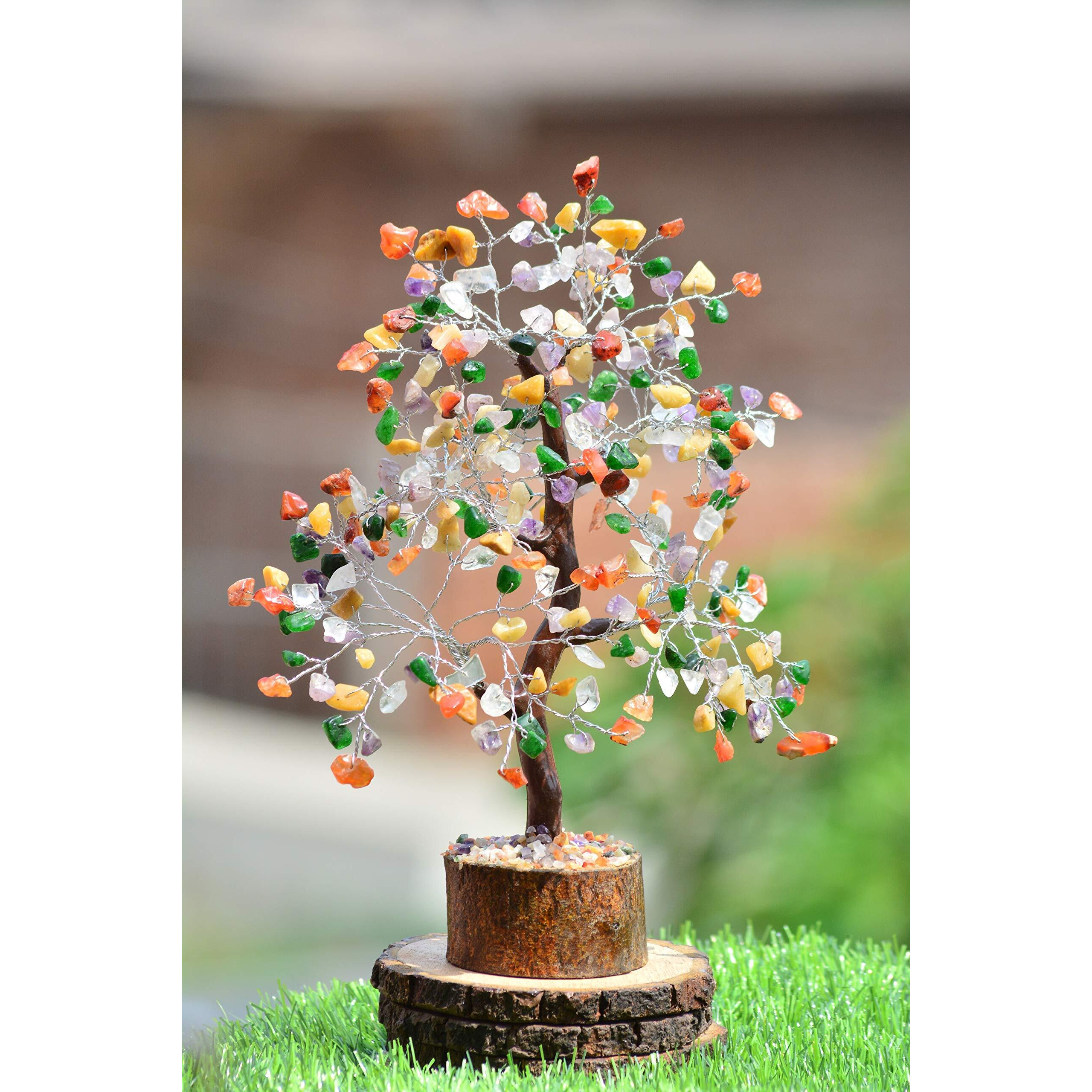 PREK Crystals and Stones, Mix 7 Chakra Crystal Showpiece for Home Decor Decoration Bonsai Money Tree, Size 10-12 inches, Multicolor Silver Wire. 1 Piece
